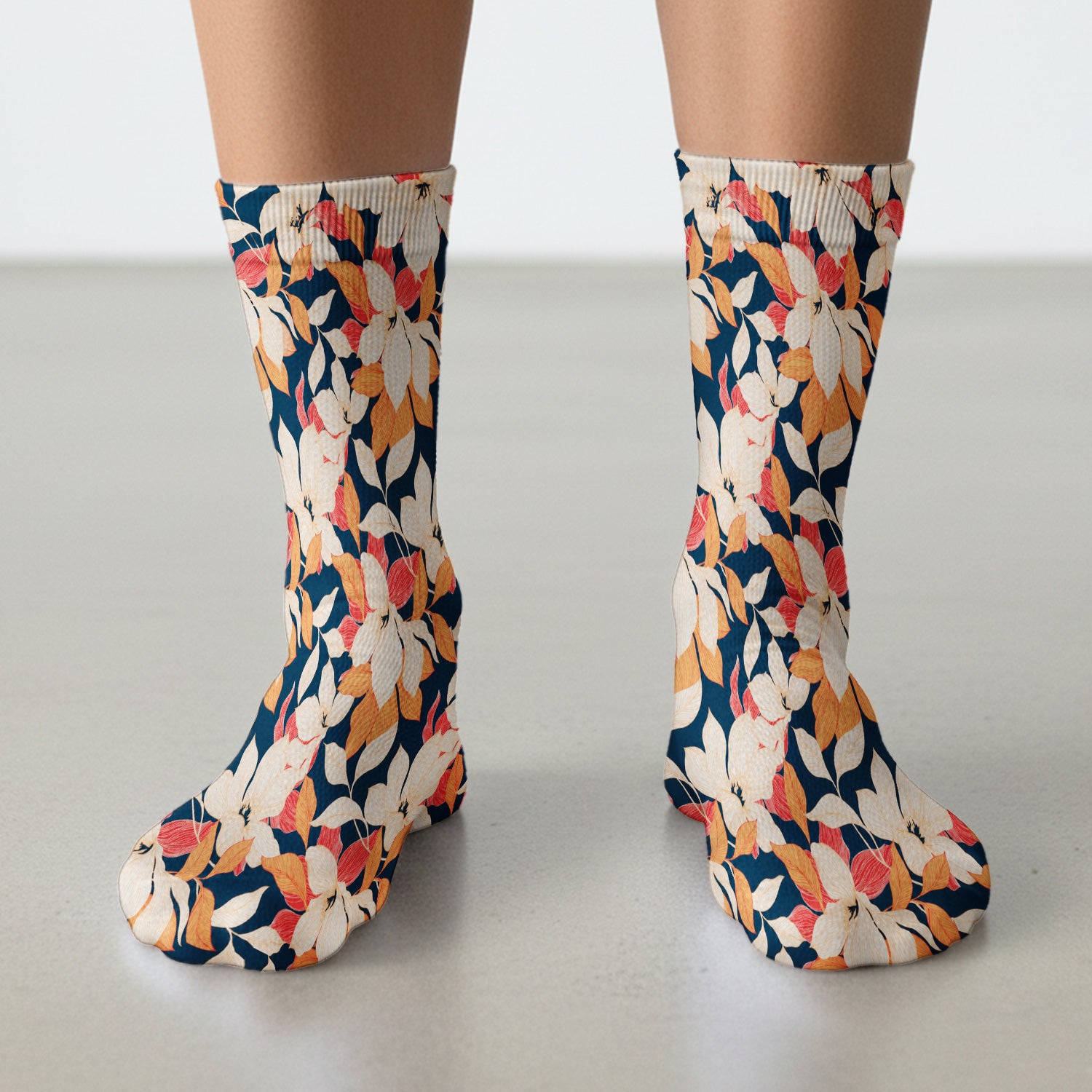 Elegant Ivory Lily Leaves Pattern Socks, Adult Socks for Men and Women