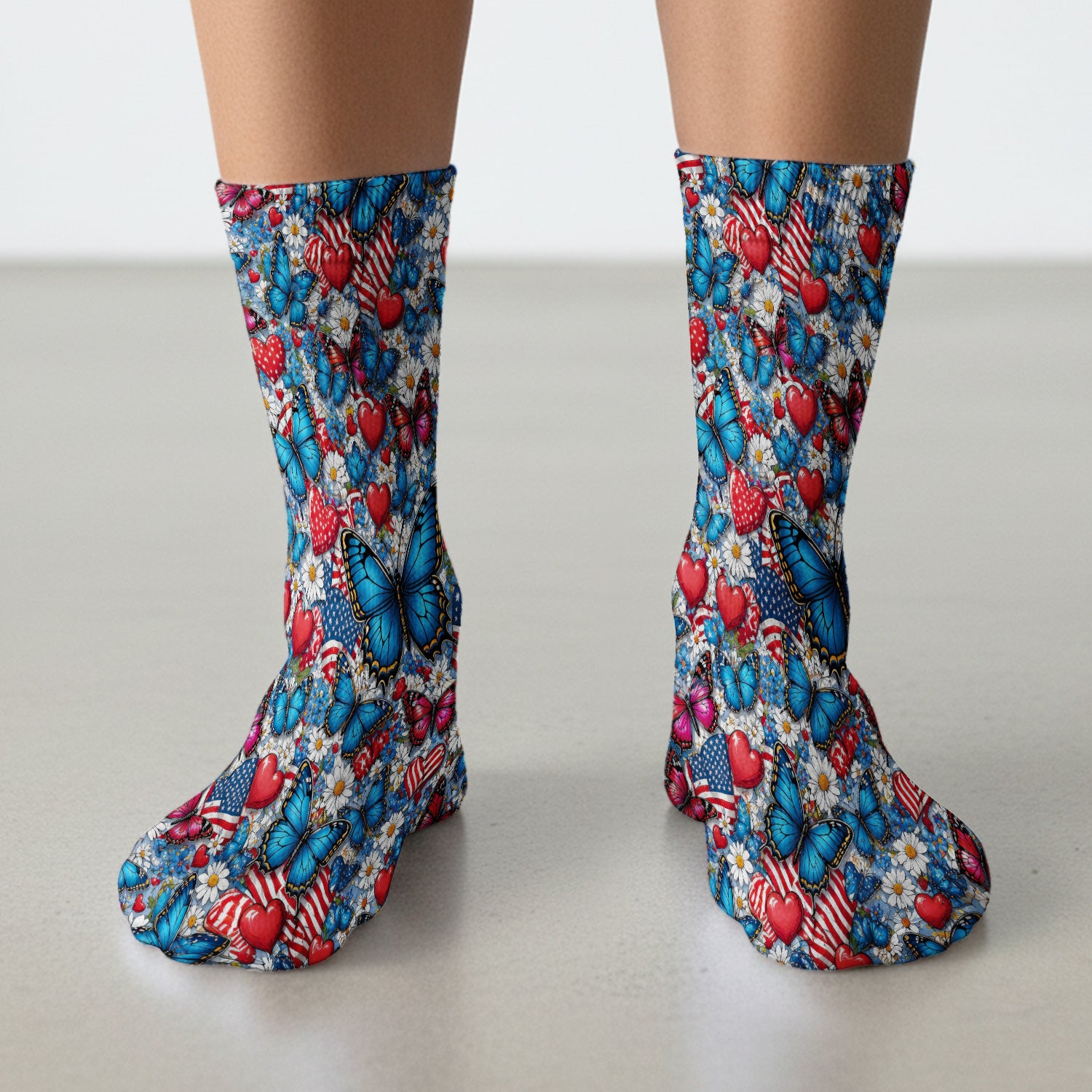 Festive Patriotic Butterfly Heart Floral Pattern Socks, Adult Socks for Men and Women