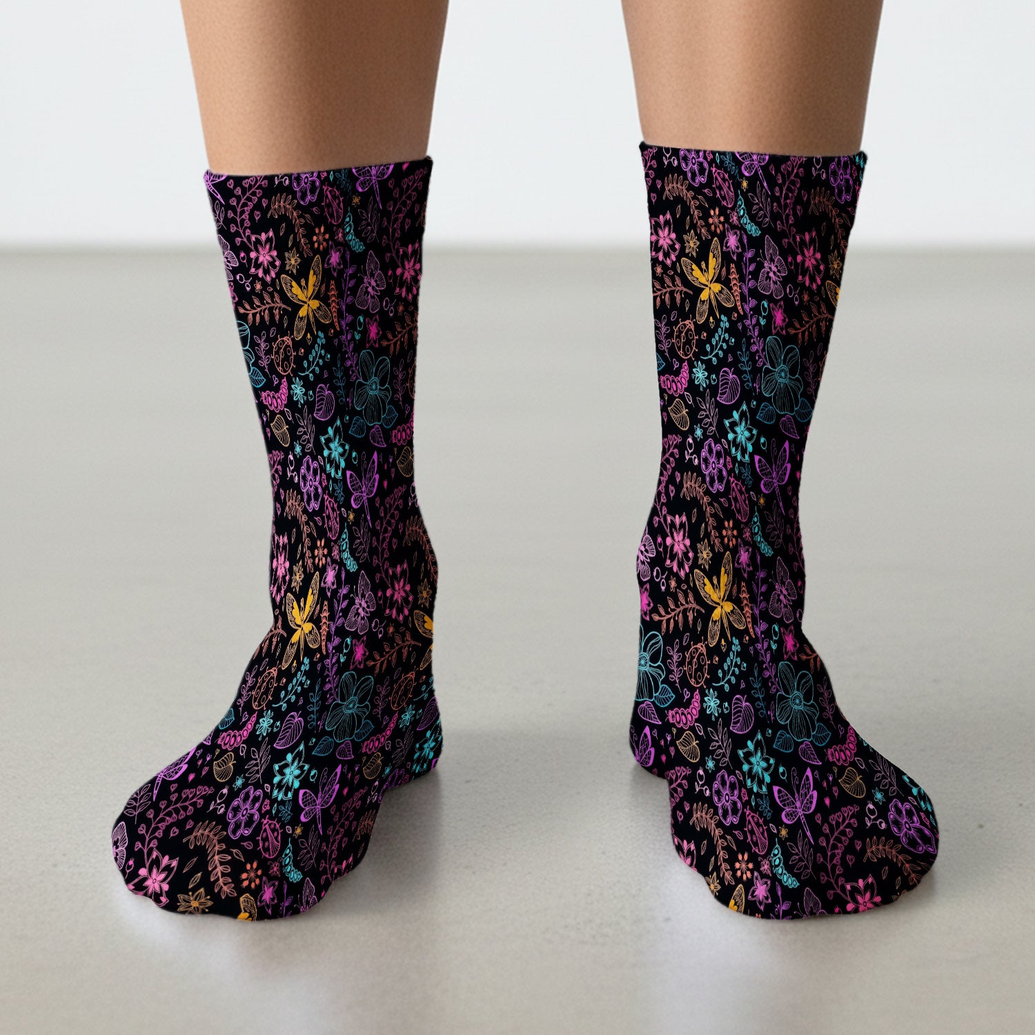 Neon Butterfly and Floral Garden Pattern Socks, Breathable Fabrics Medical Uniform