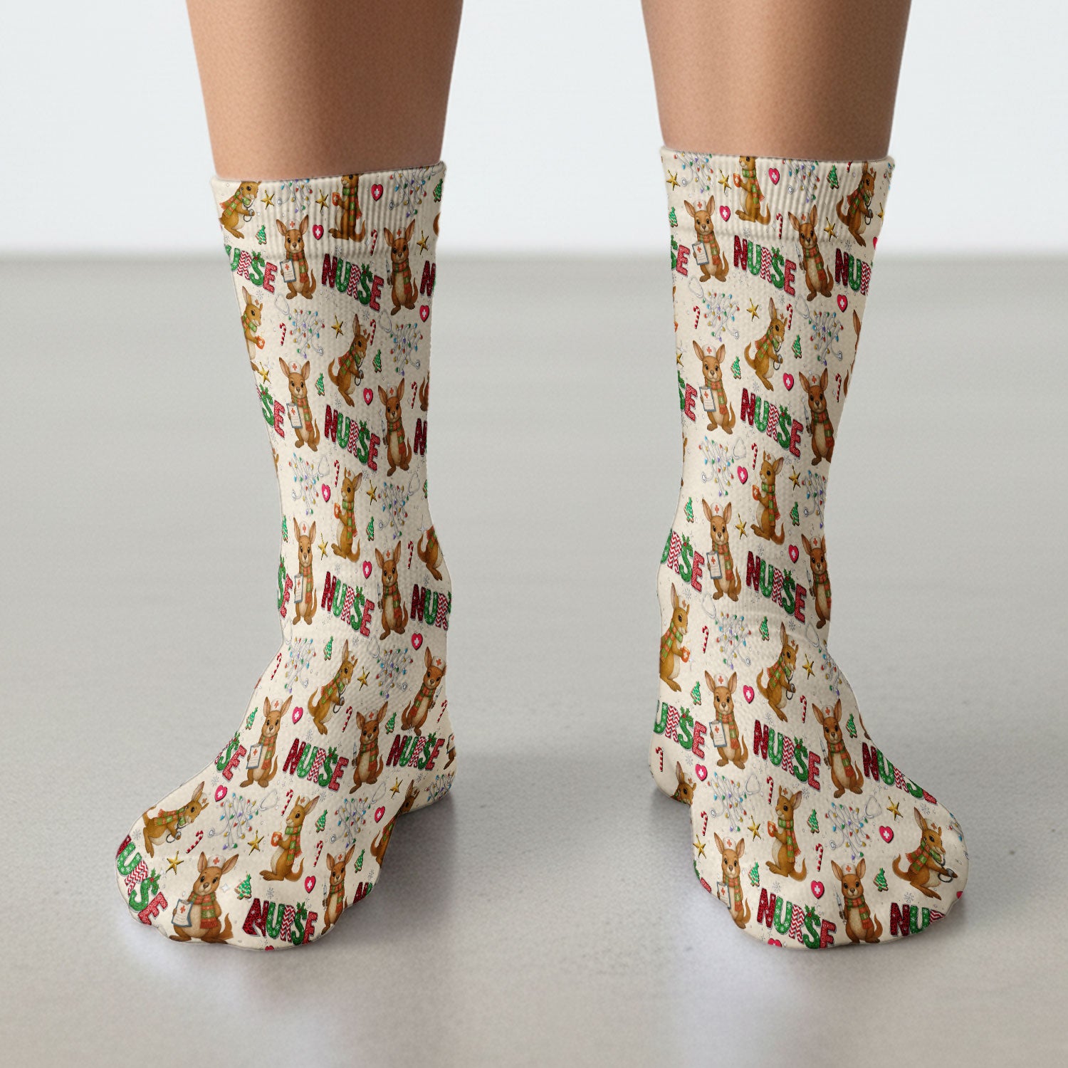 Aussie Kangaroo Christmas Socks for Nurse Doctor - Funny Holiday Adult Socks for Men and Women - Breathable Fabrics Medical Uniform