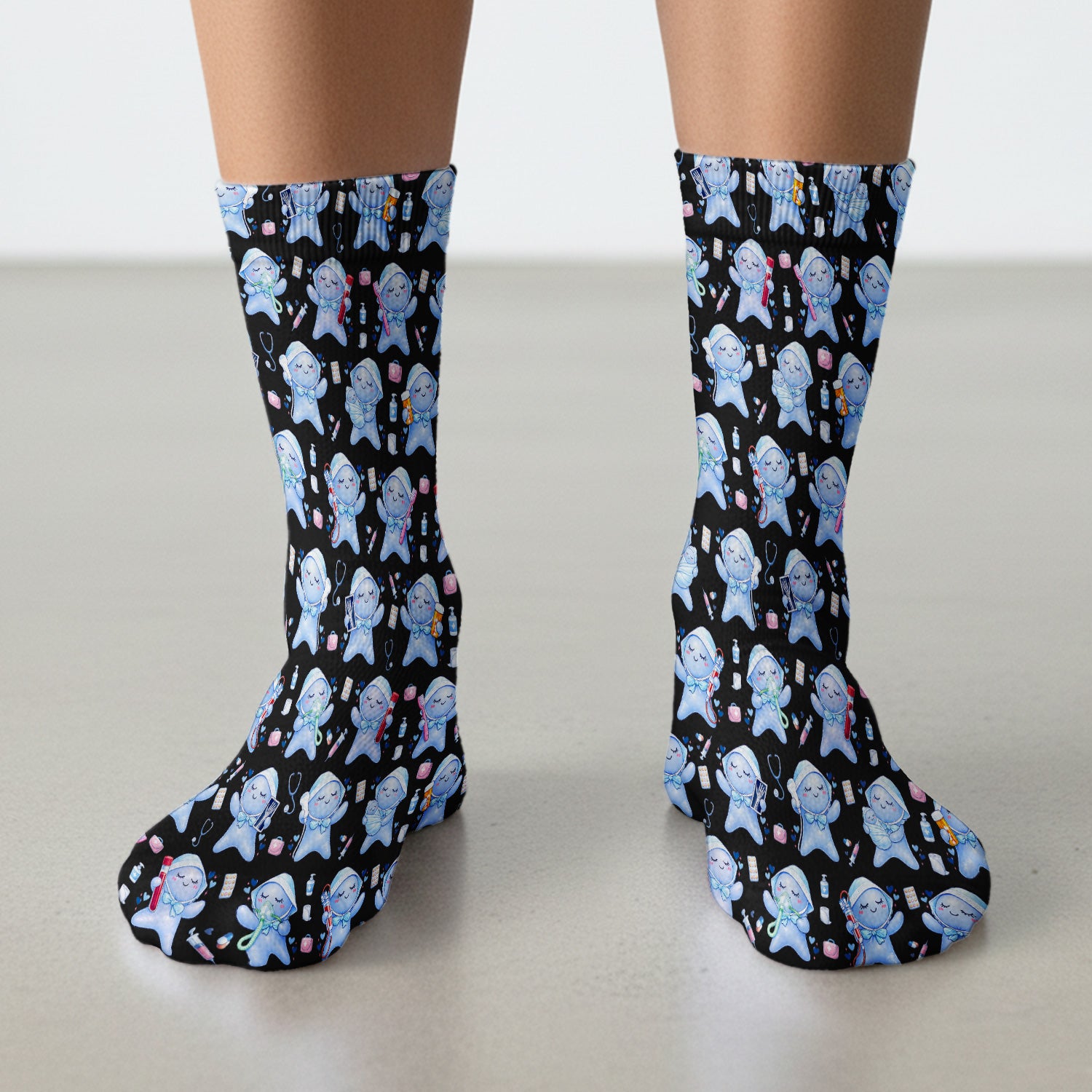 Cute Tooth Character Dental Tools Caring Pattern Socks, Breathable Fabrics Medical Uniform