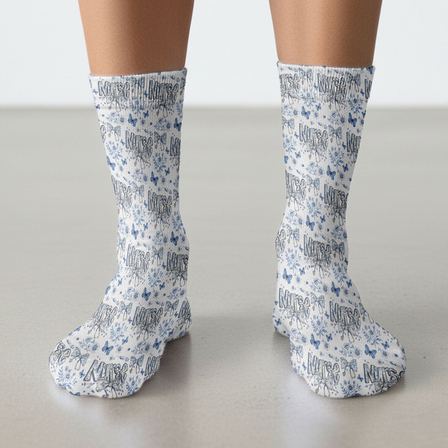 Blue Nurse Bow Floral Butterfly Pattern Socks, Breathable Fabrics Medical Uniform