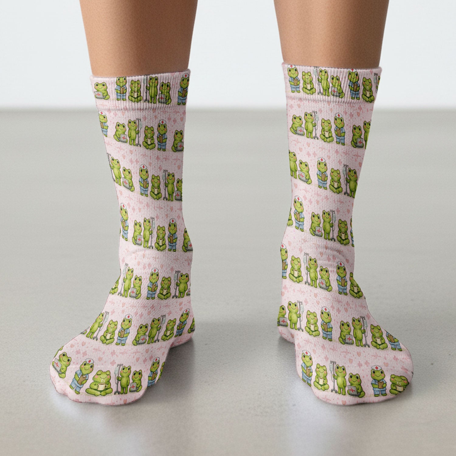 Adorable Frog Nurse Various Poses Print Socks, Breathable Fabrics Medical Uniform
