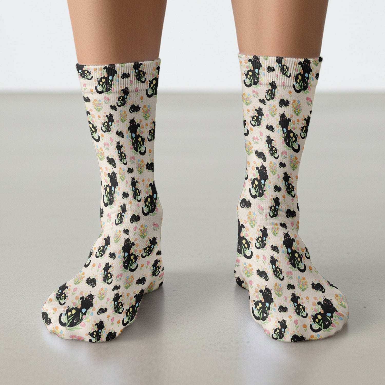 Cats With Cute Poses Floral Pattern Socks, Adult Socks for Men and Women