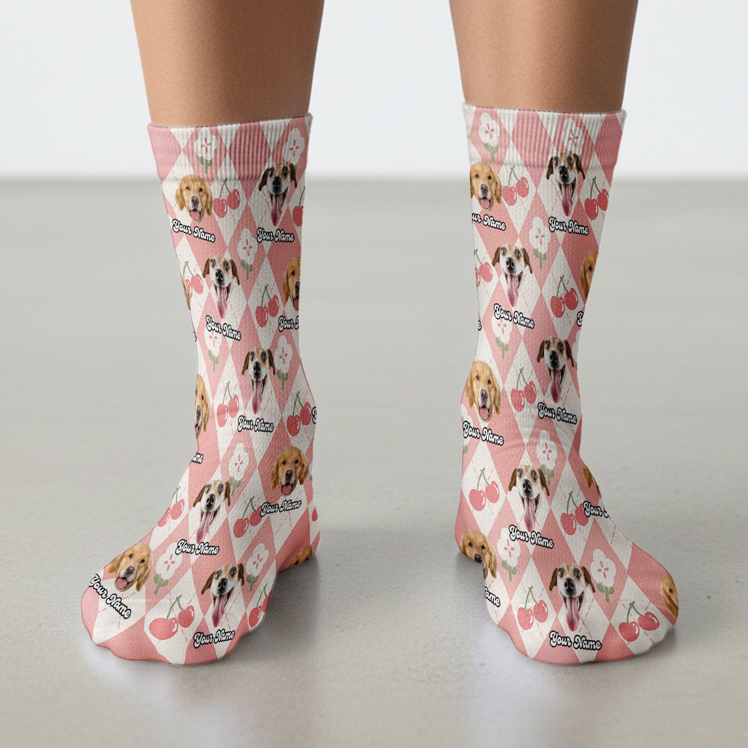 Custom Dog Face Sock, Playful Dog Cherry Argyle Pattern, Breathable Fabrics Medical Uniform