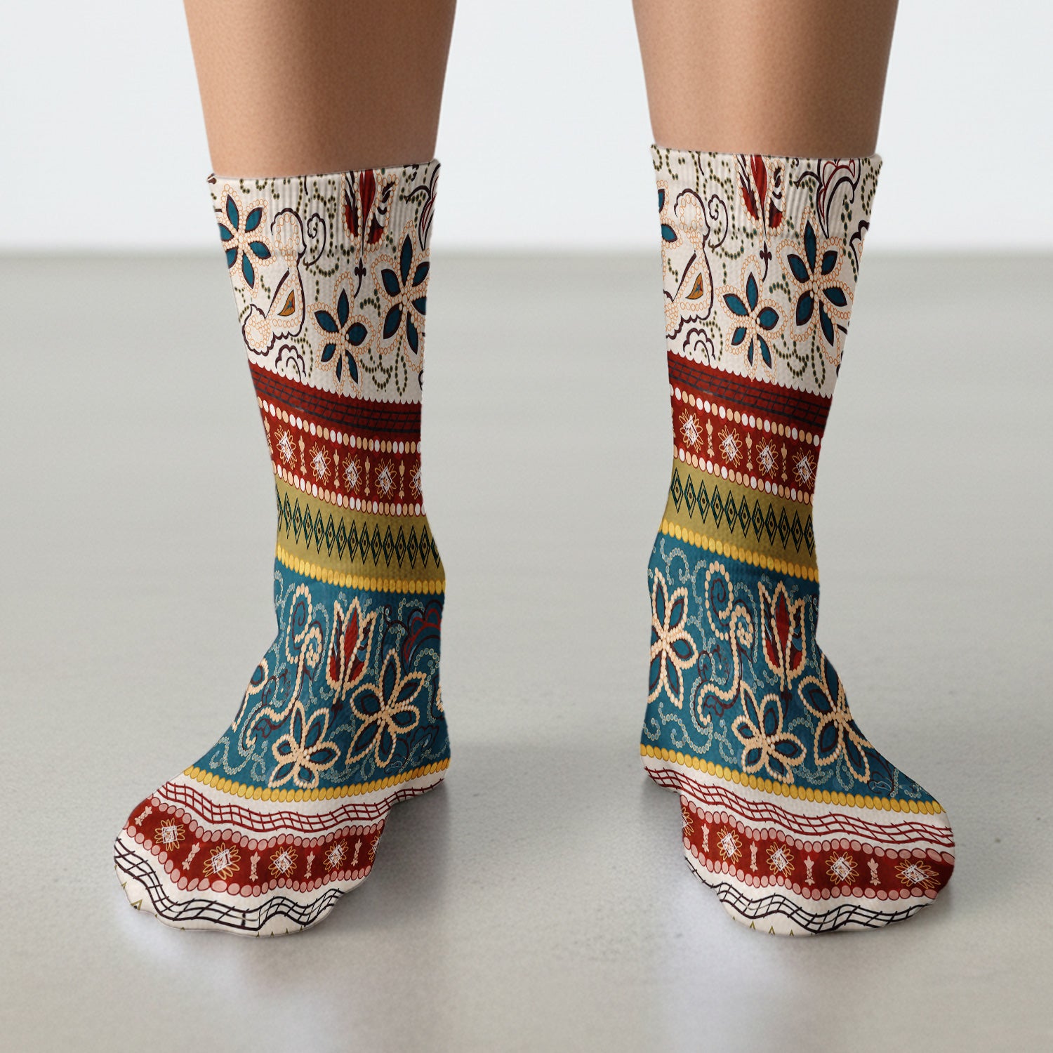 Boho Paisley Floral Stripe Pattern Socks, Adult Socks for Men and Women