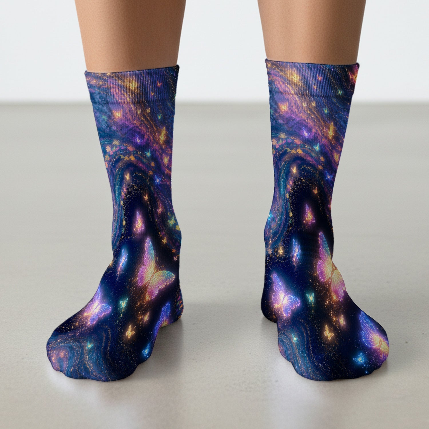 Neon Butterfly Galaxy Marble Print Socks, Adult Socks for Men and Women