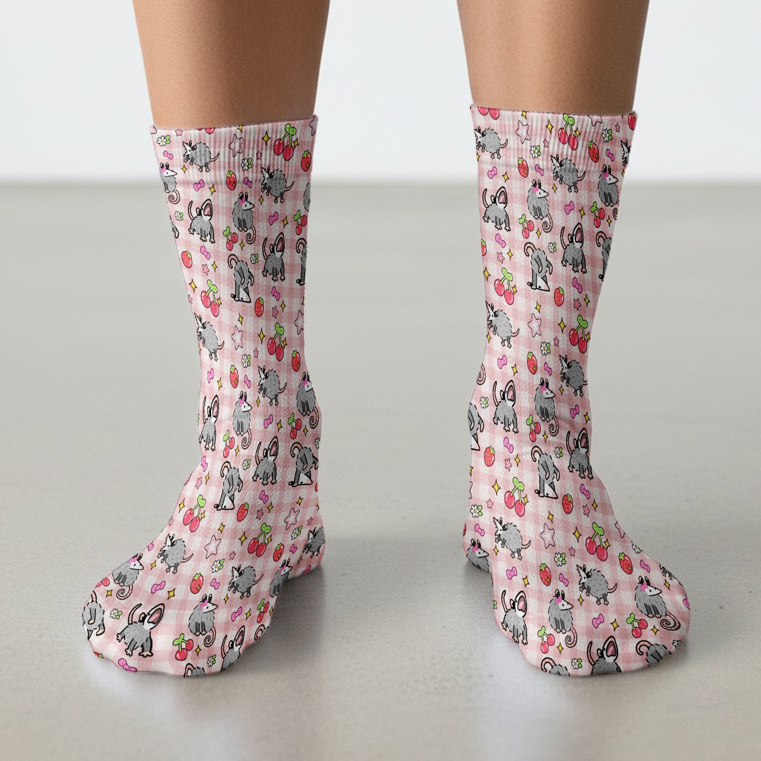 Cute Opossum And Cherries Gingham Pattern Socks, Adult Socks for Men and Women