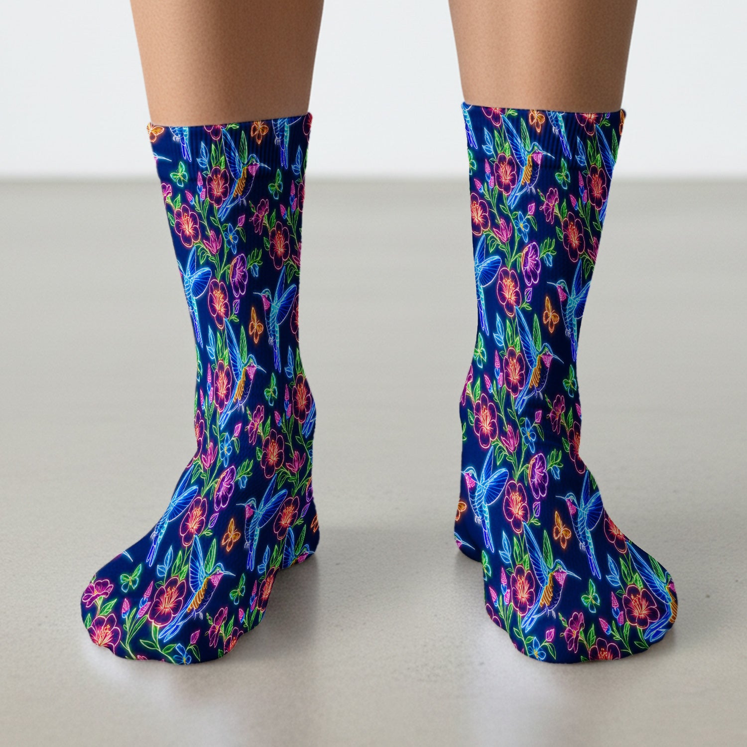 Neon Hummingbird Floral Garden Pattern Socks, Adult Socks for Men and Women