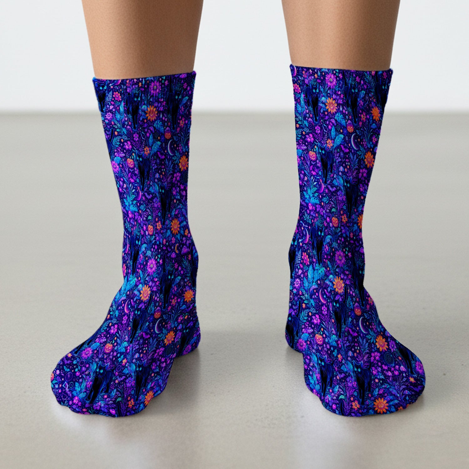 Halloween Black Cat Floral Print Socks, Adult Socks for Men and Women