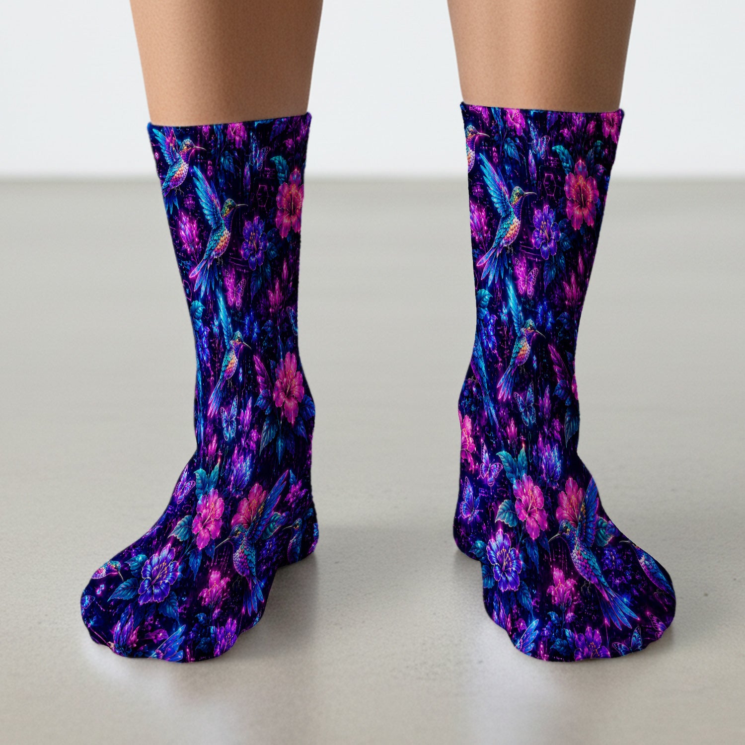 Neon Hummingbird Butterfly Bloom Pattern Socks, Adult Socks for Men and Women
