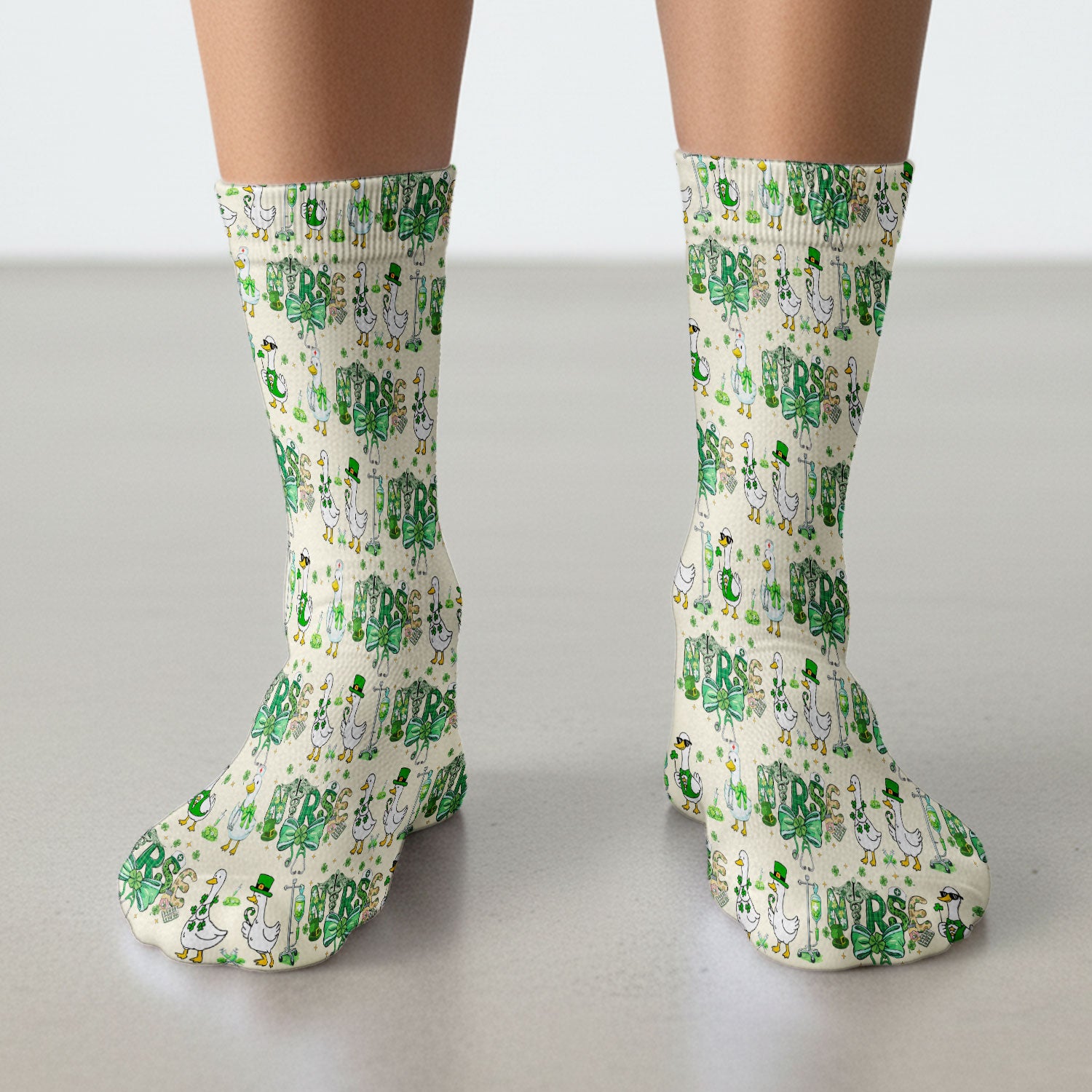 Funny Goose Nurse Shamrock Scrub Socks, St. Patrick’s Day Nurse Pattern Sock, Breathable Fabrics Nursing Uniform