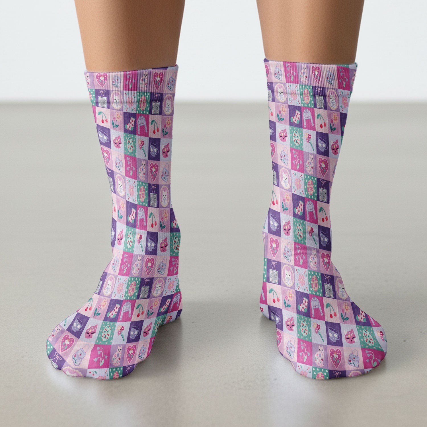 Pastel Cat Patchwork Pattern Socks, Adult Socks for Men and Women