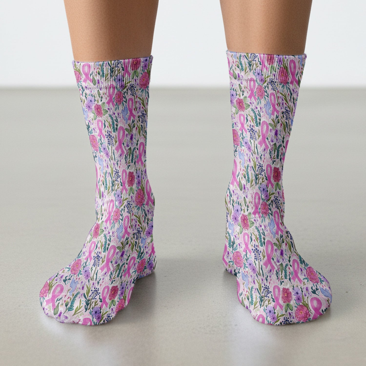 Floral Pink Ribbon Print Socks, Adult Socks for Men and Women