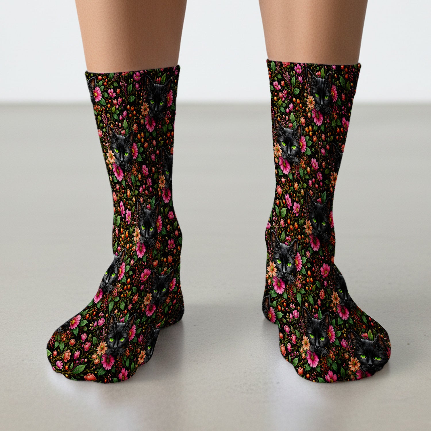 Adorable Black Cat Blossom Pattern Socks, Adult Socks for Men and Women