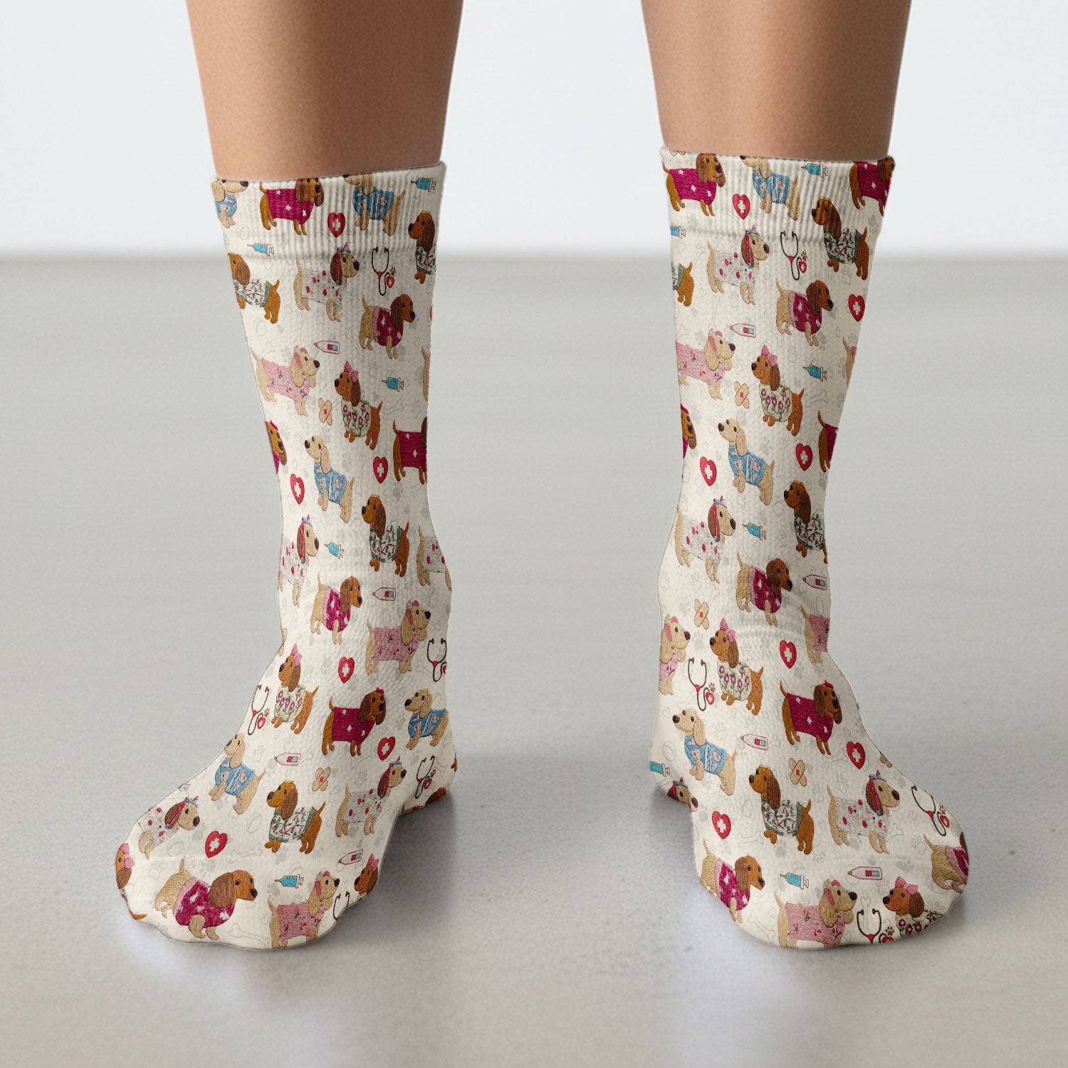 Cute Medical Wiener Dog Pattern Nurse Socks, Dachshund Nursing Scrub Sock, Breathable Fabrics Nursing Uniform