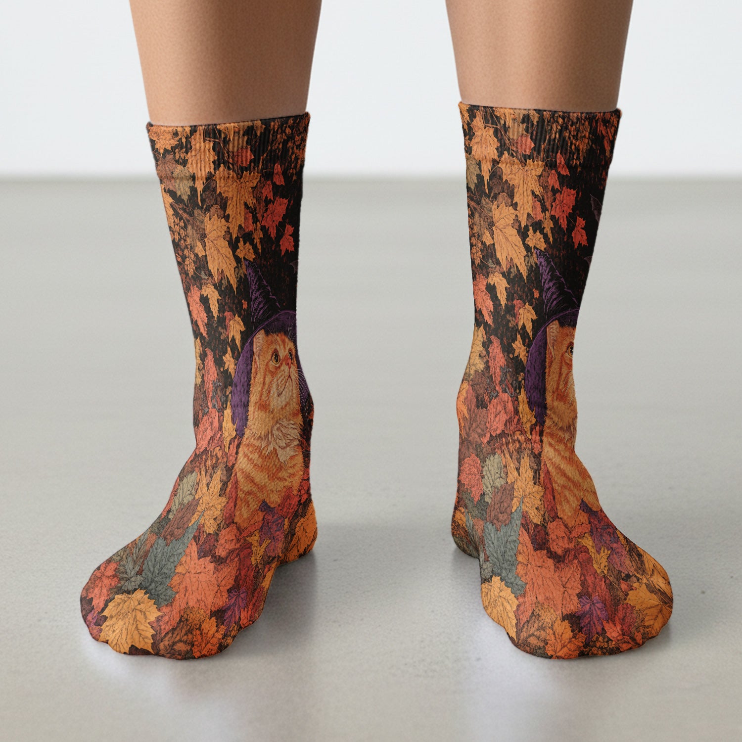 Autumn Cat with Fall Leaves Socks, Adult Socks for Men and Women