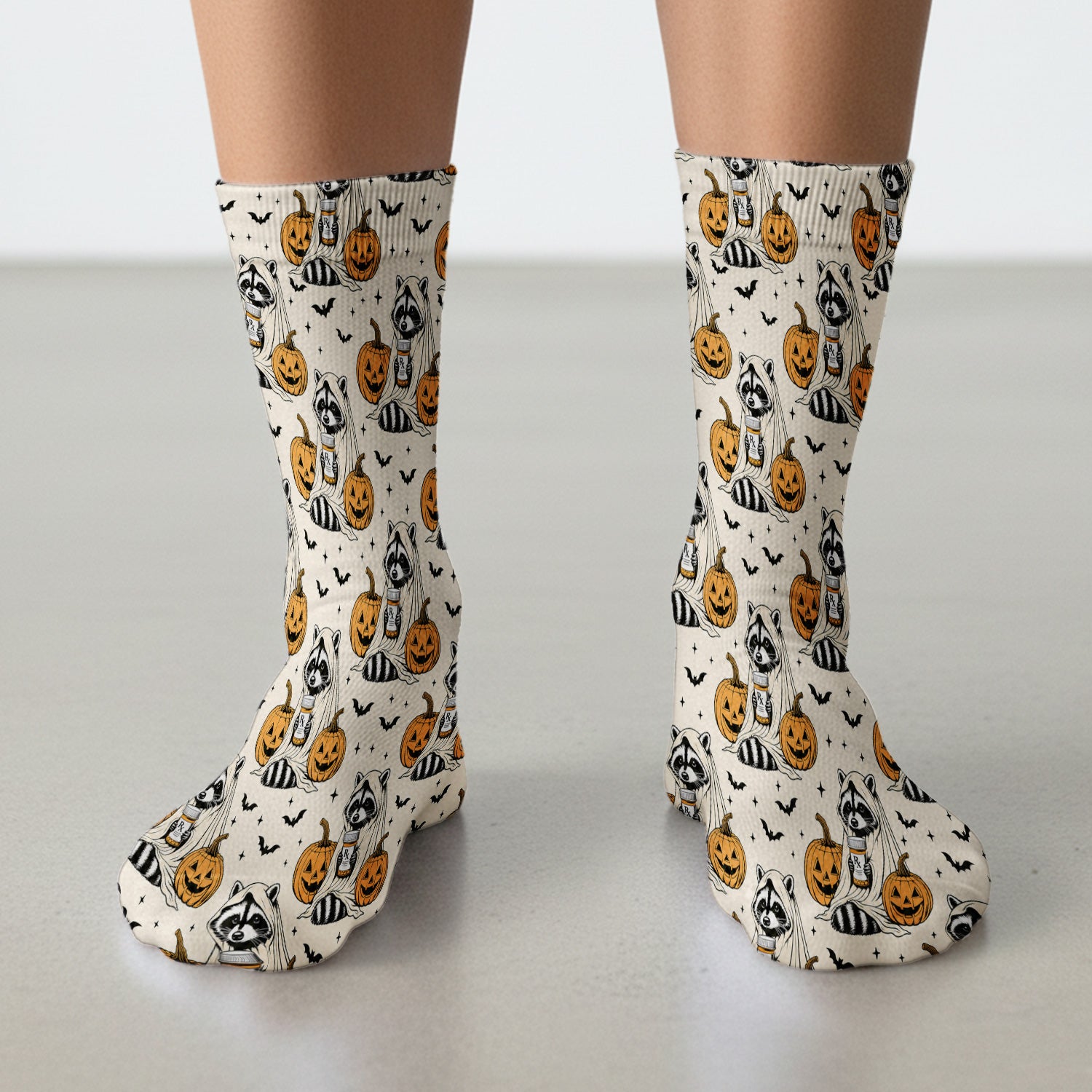 Halloween Raccoon with Pumpkin Bat Print Socks, Adult Socks for Men and Women