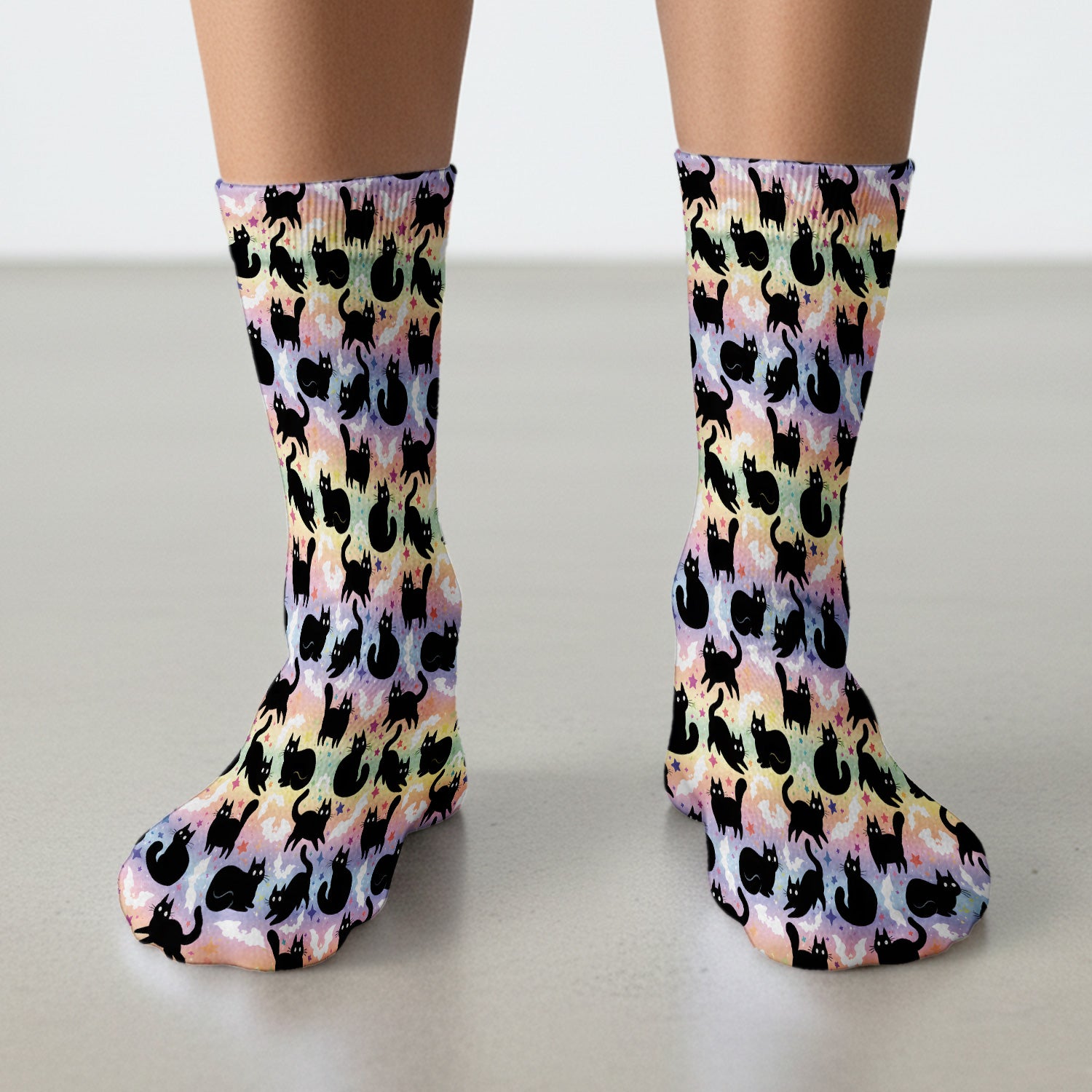 Pastel Star Black Cat Pattern Socks, Adult Socks for Men and Women