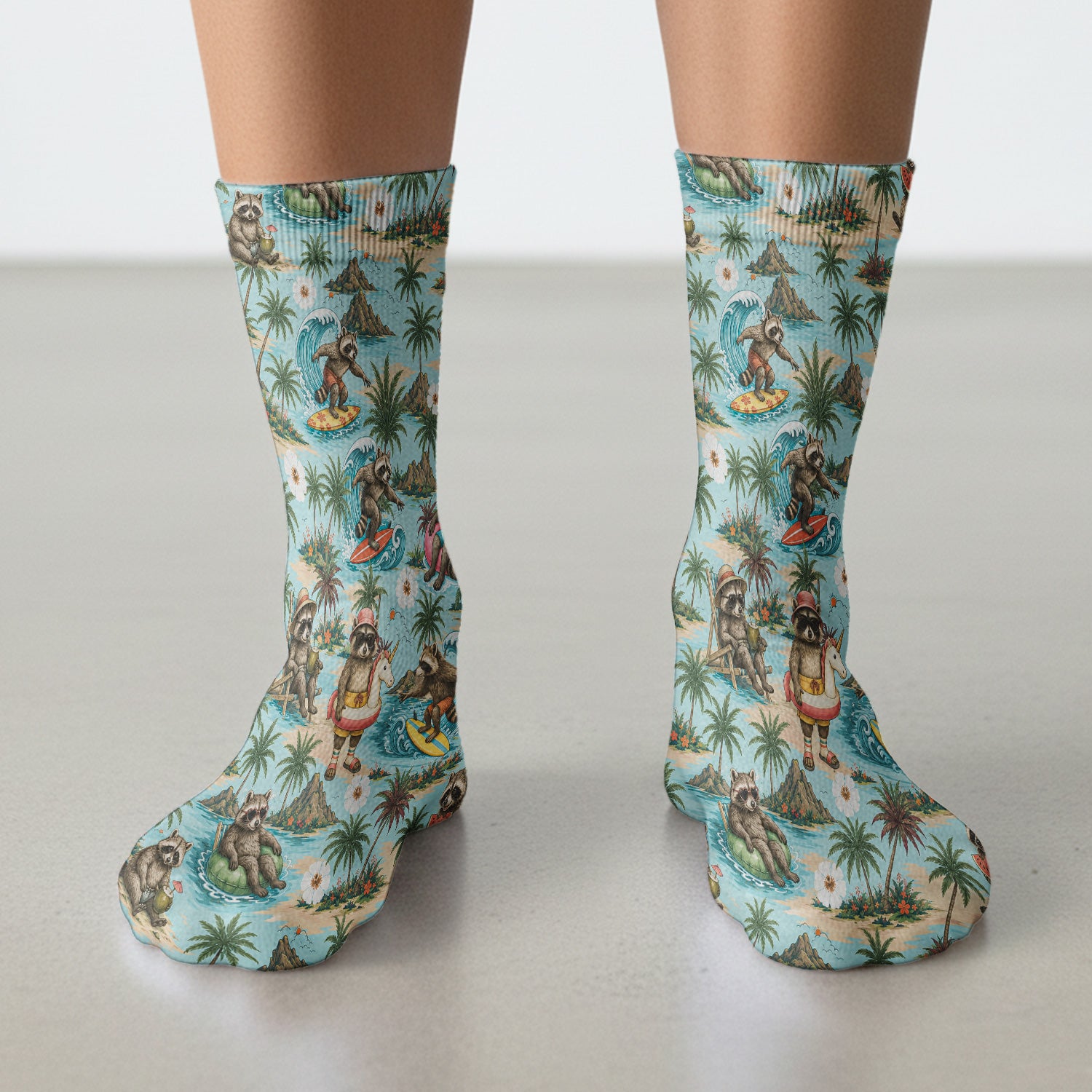 Tropical Raccoon with Surfing Island Beach Print Socks, Adult Socks for Men and Women