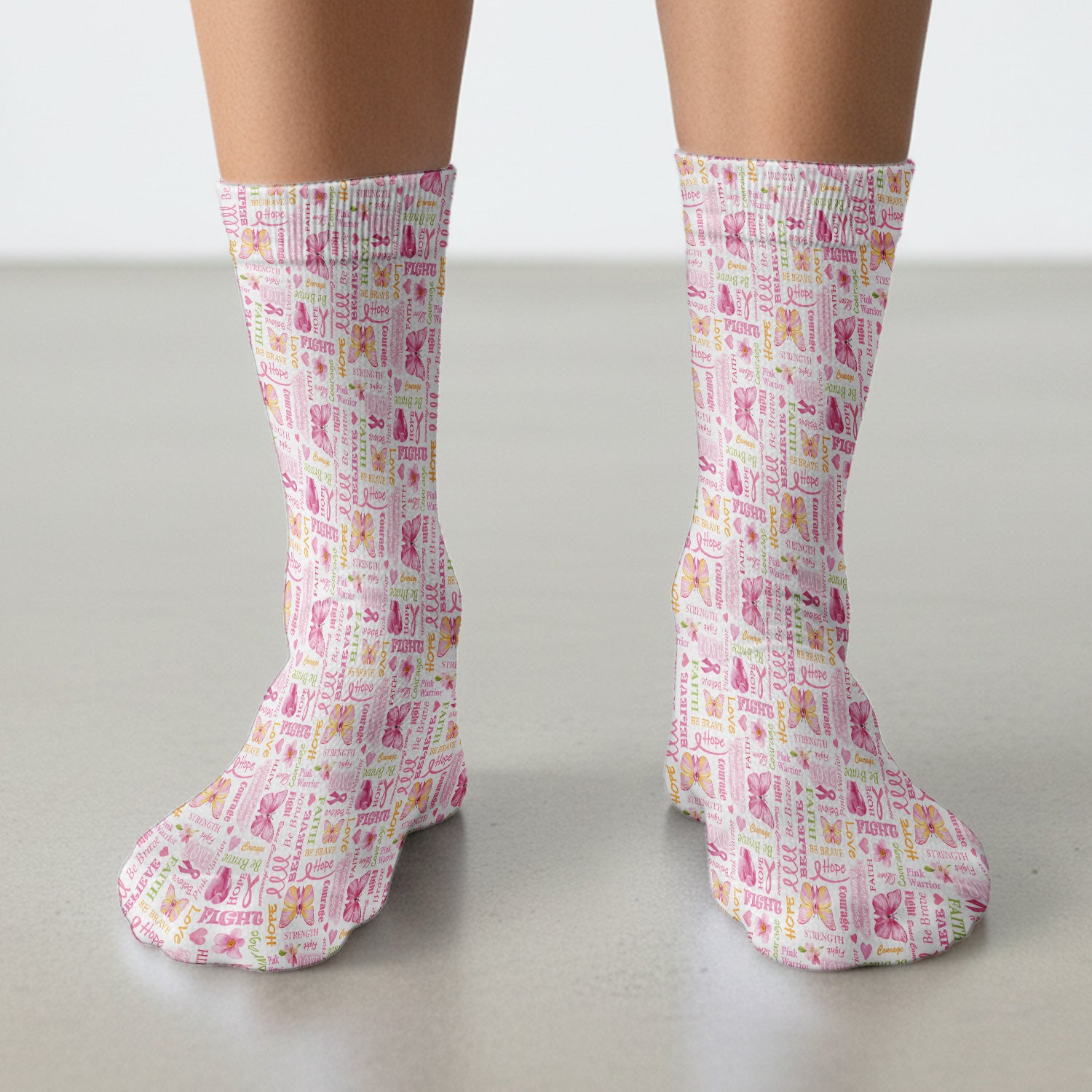 Pink Ribbon Butterfly Print Socks, Adult Socks for Men and Women