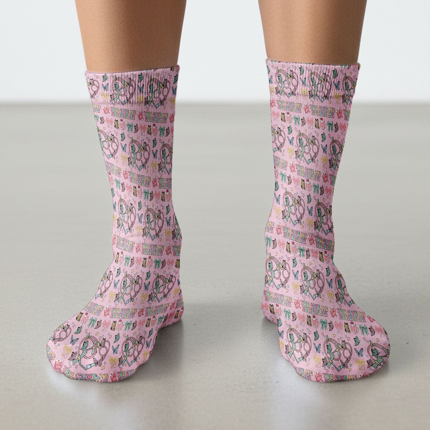 Butterfly Heart Valentine Medical Pattern Socks, Adult Socks for Men and Women