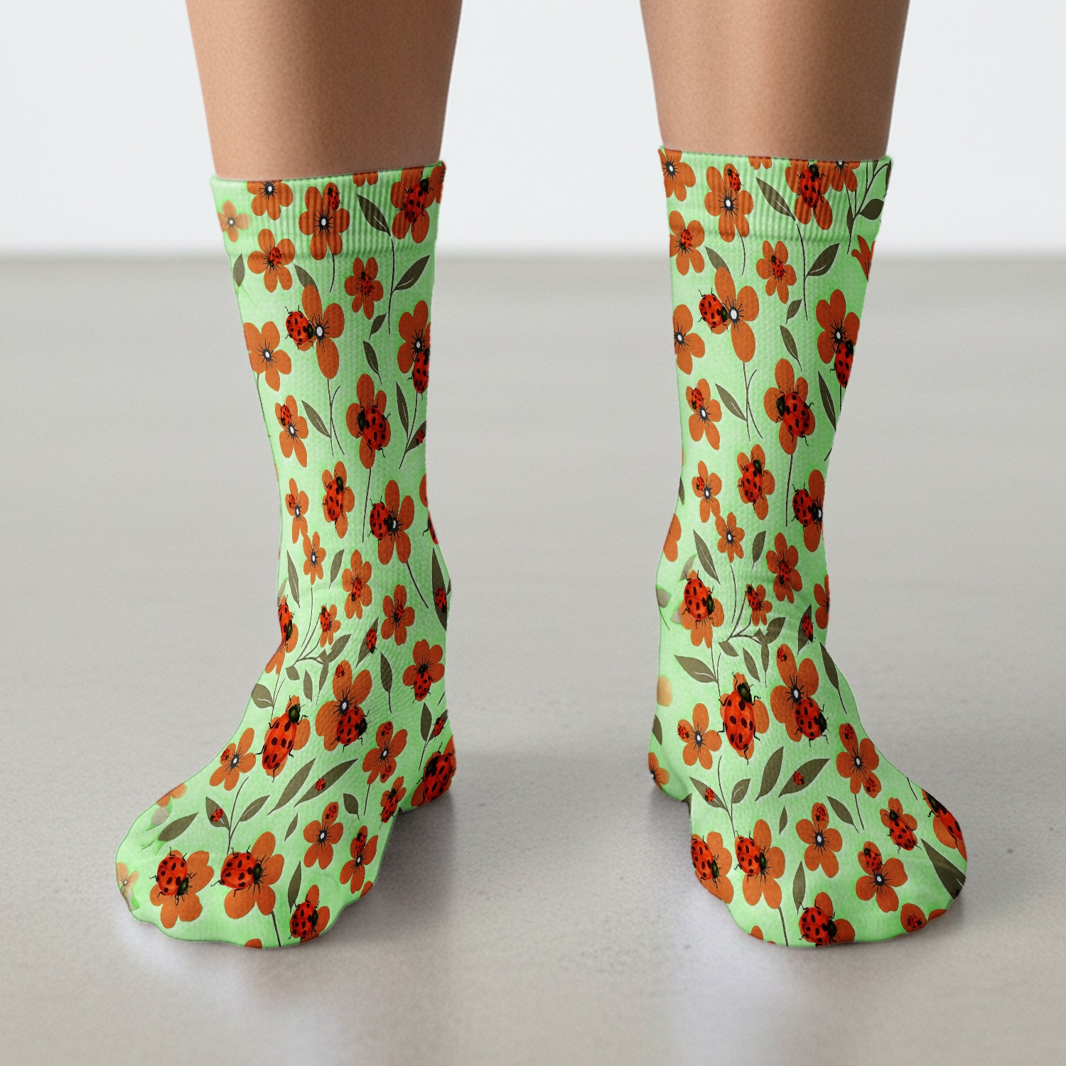 Ladybug on Orange Floral Garden Pattern Socks, Breathable Fabrics Medical Uniform