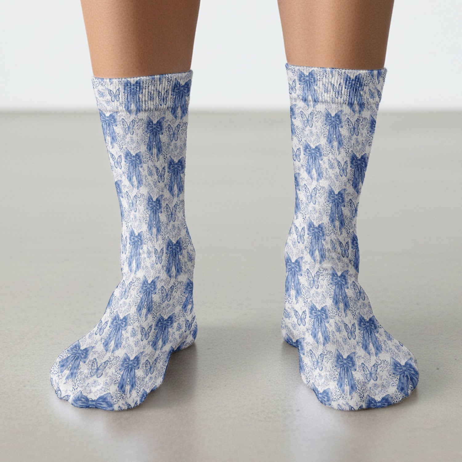 Blue Bow And Butterfly Vintage Floral Socks, Adult Socks for Men and Women