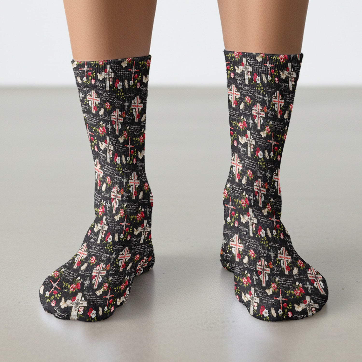 Christian Cross Roses And Butterflies Print Socks, Adult Socks for Men and Women