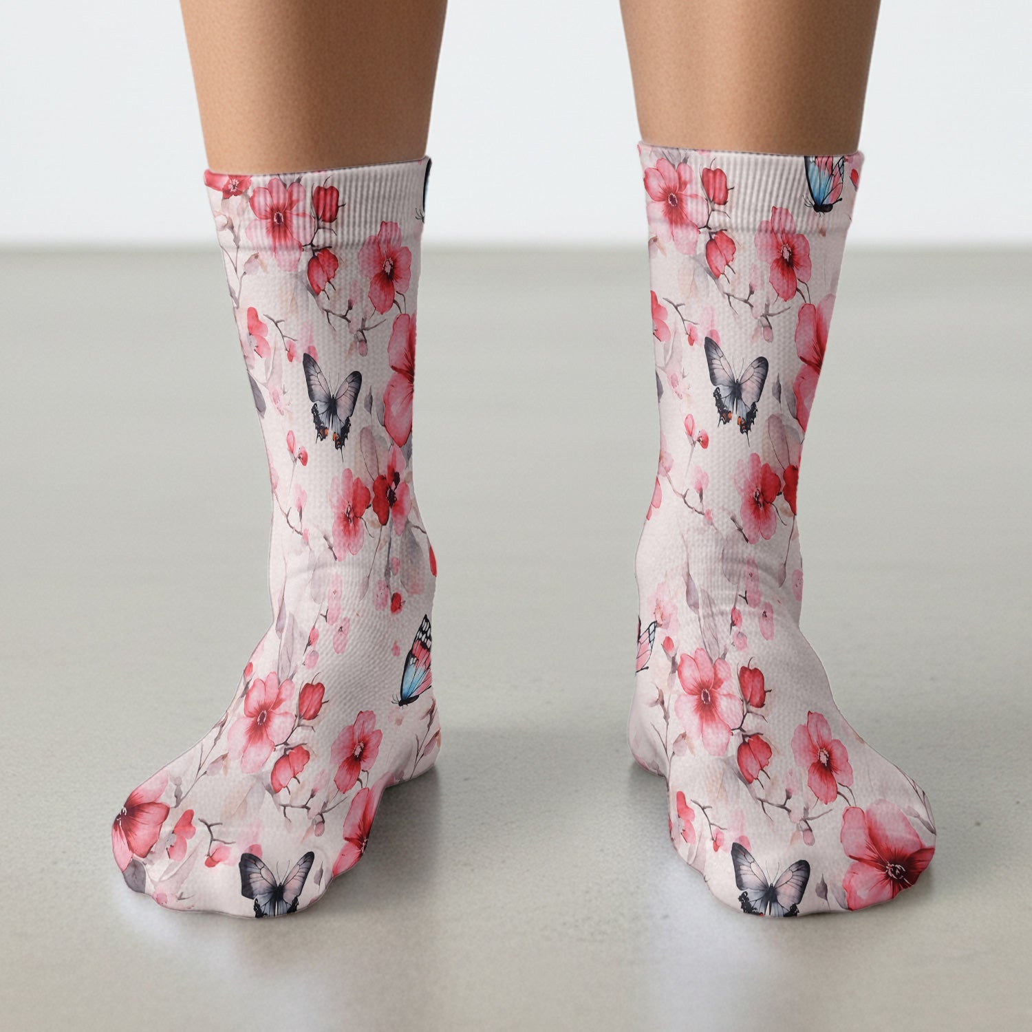 Pink Butterfly Blossom Pattern Socks, Adult Socks for Men and Women