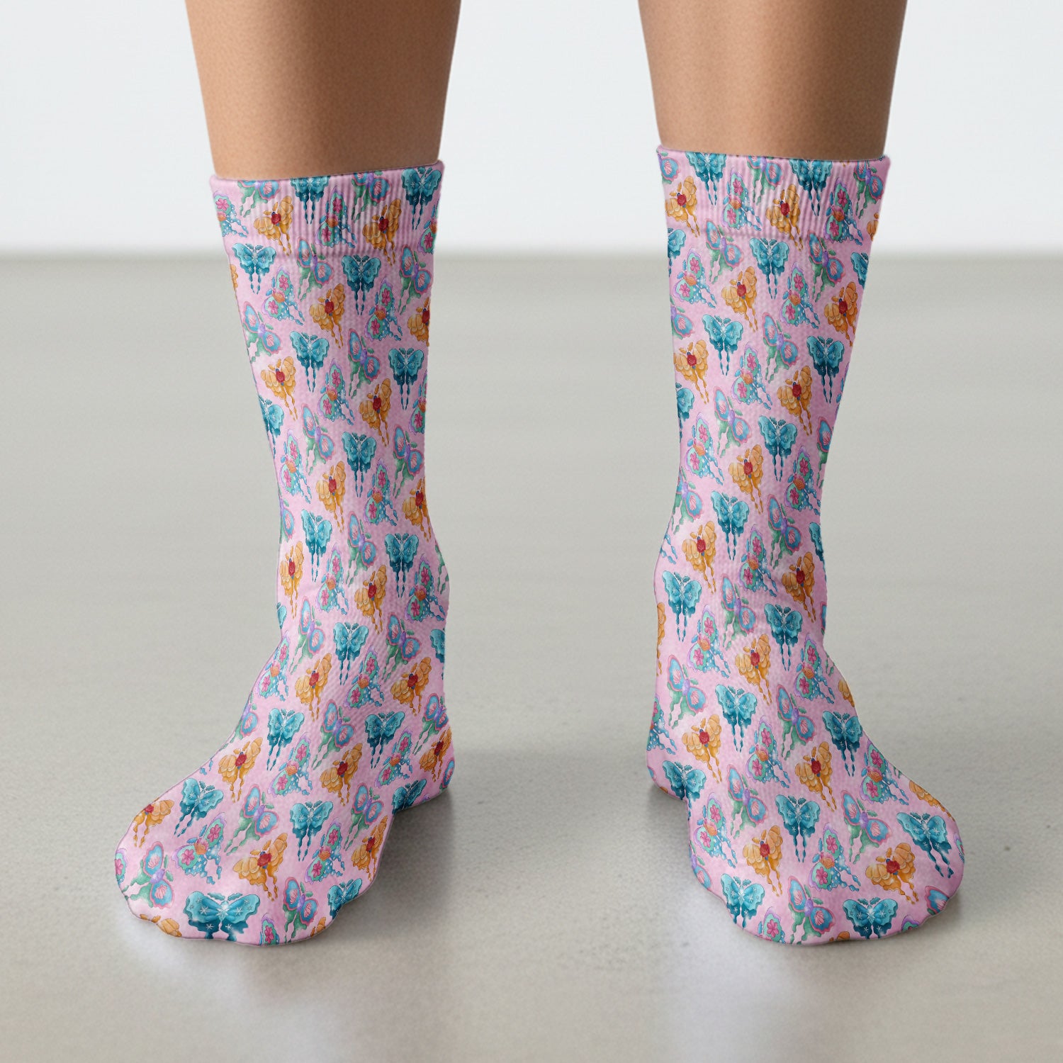 Colorful Butterfly With Floral Blossom Pattern Socks, Adult Socks for Men and Women