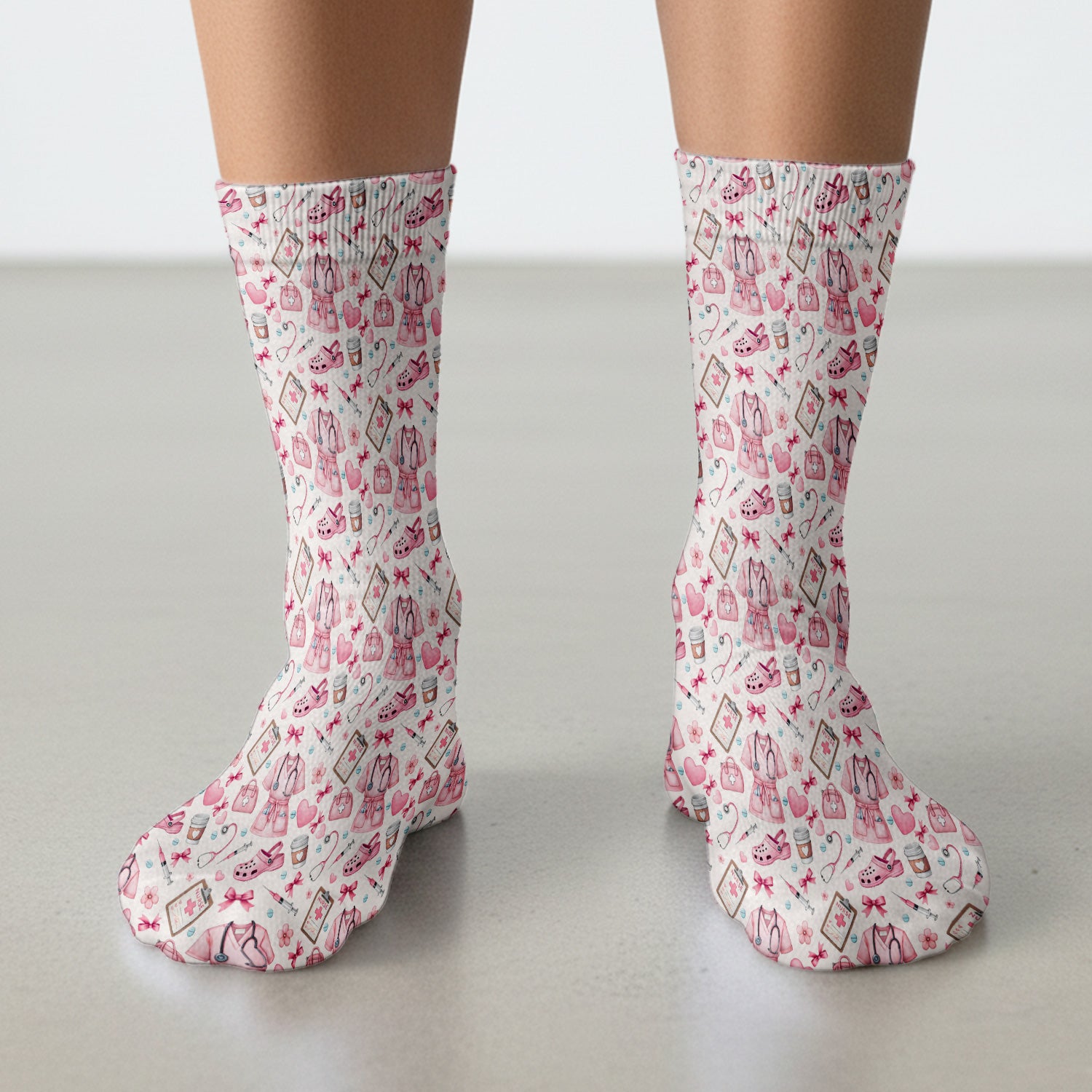 Valentine Pink Nurse Icons Print Medical Socks, Socks for Nurse Doctor
