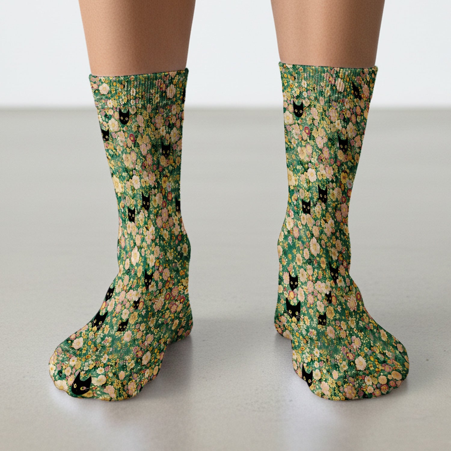 Cute Black Cat In Floral Garden Pattern Socks, Adult Socks for Men and Women