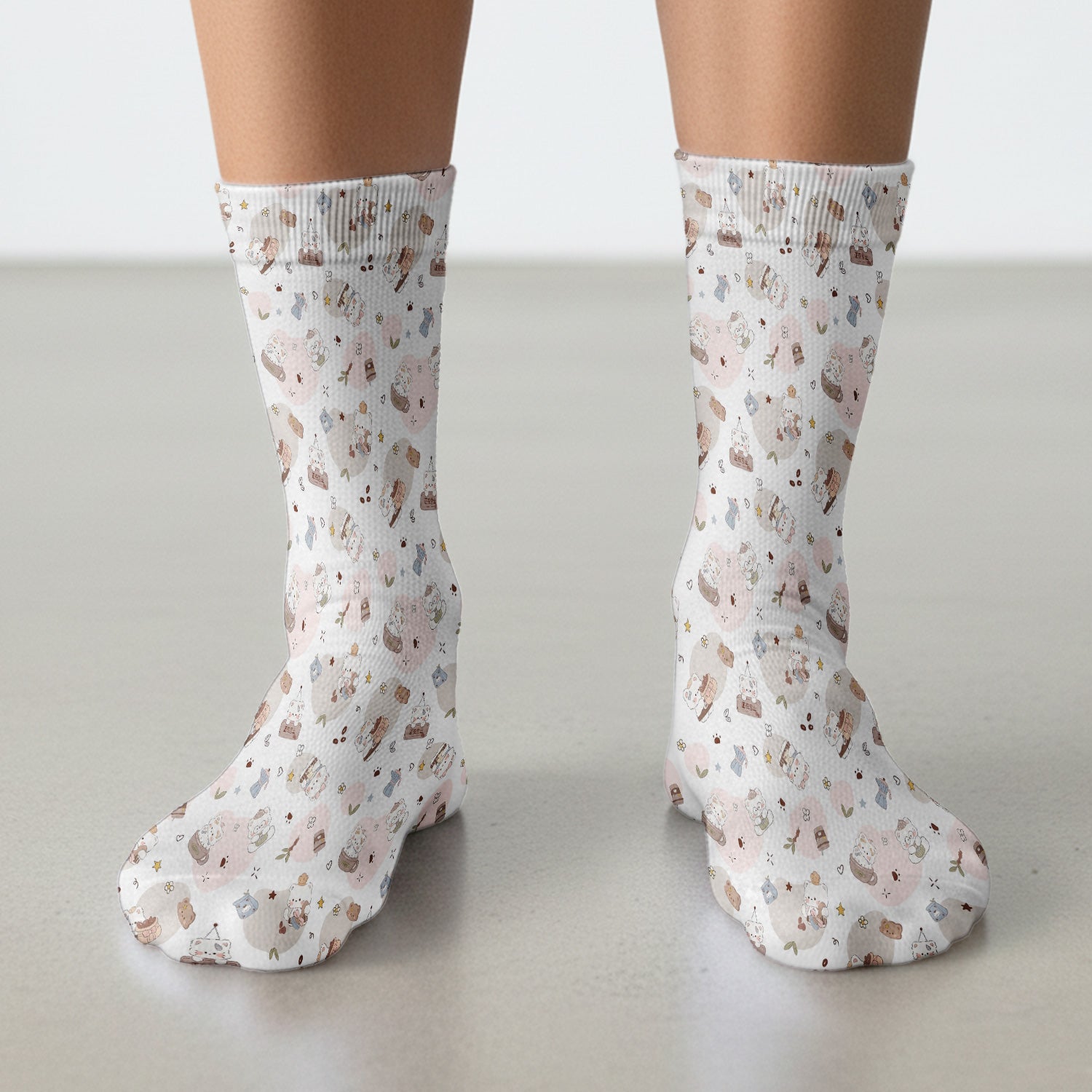 Cute Cat With Coffee Paw Heart Pattern Socks, Adult Socks for Men and Women