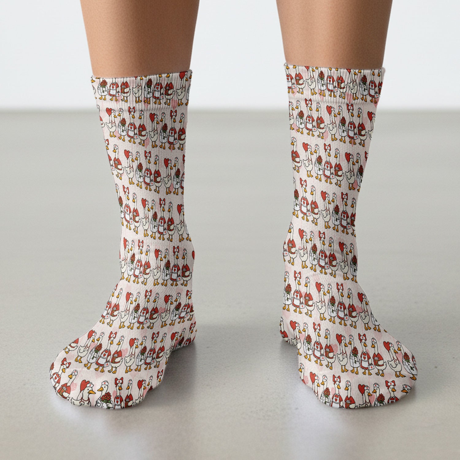 Valentine Nurse Goose with Heart Pattern Socks, Adult Socks for Men and Women