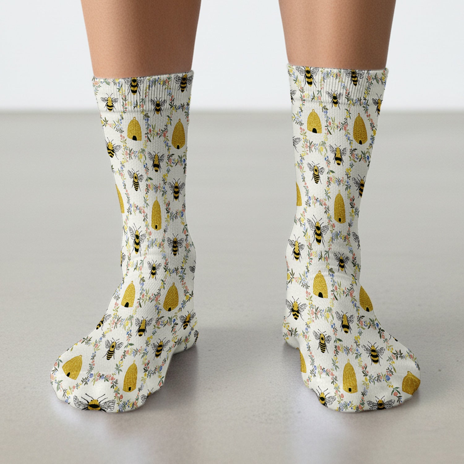 Honey Bee Beehive Floral Pattern Socks, Socks for Nurse Doctor