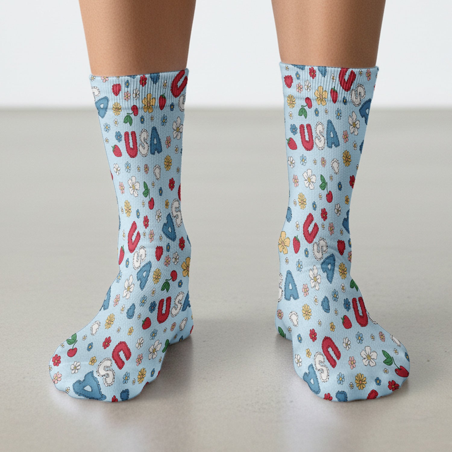 USA Cherry Strawberry Floral Patch Pattern Socks, Breathable Fabrics Medical Uniform