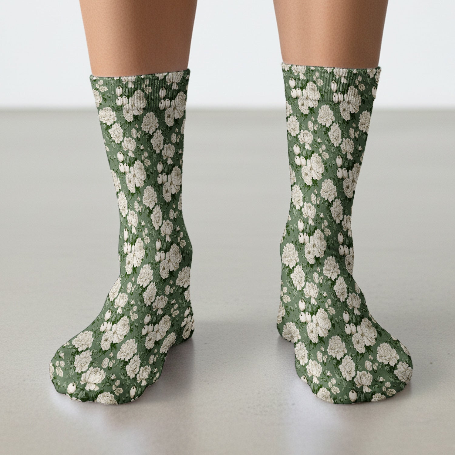 Elegant White Rose Garden Pattern Socks, Adult Socks for Men and Women