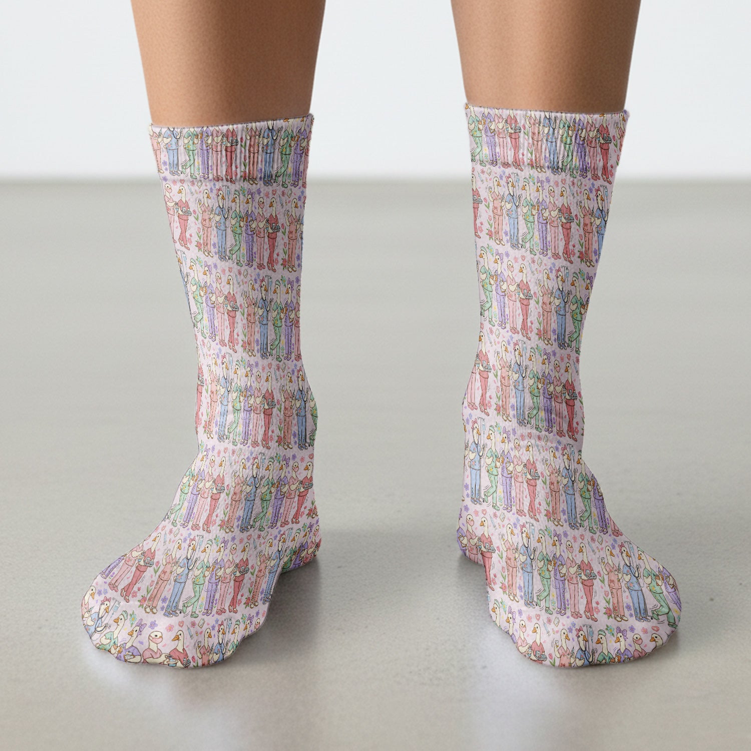 Goose Characters Floral Medical Team Uniform Pattern Socks, Breathable Fabrics Medical Uniform