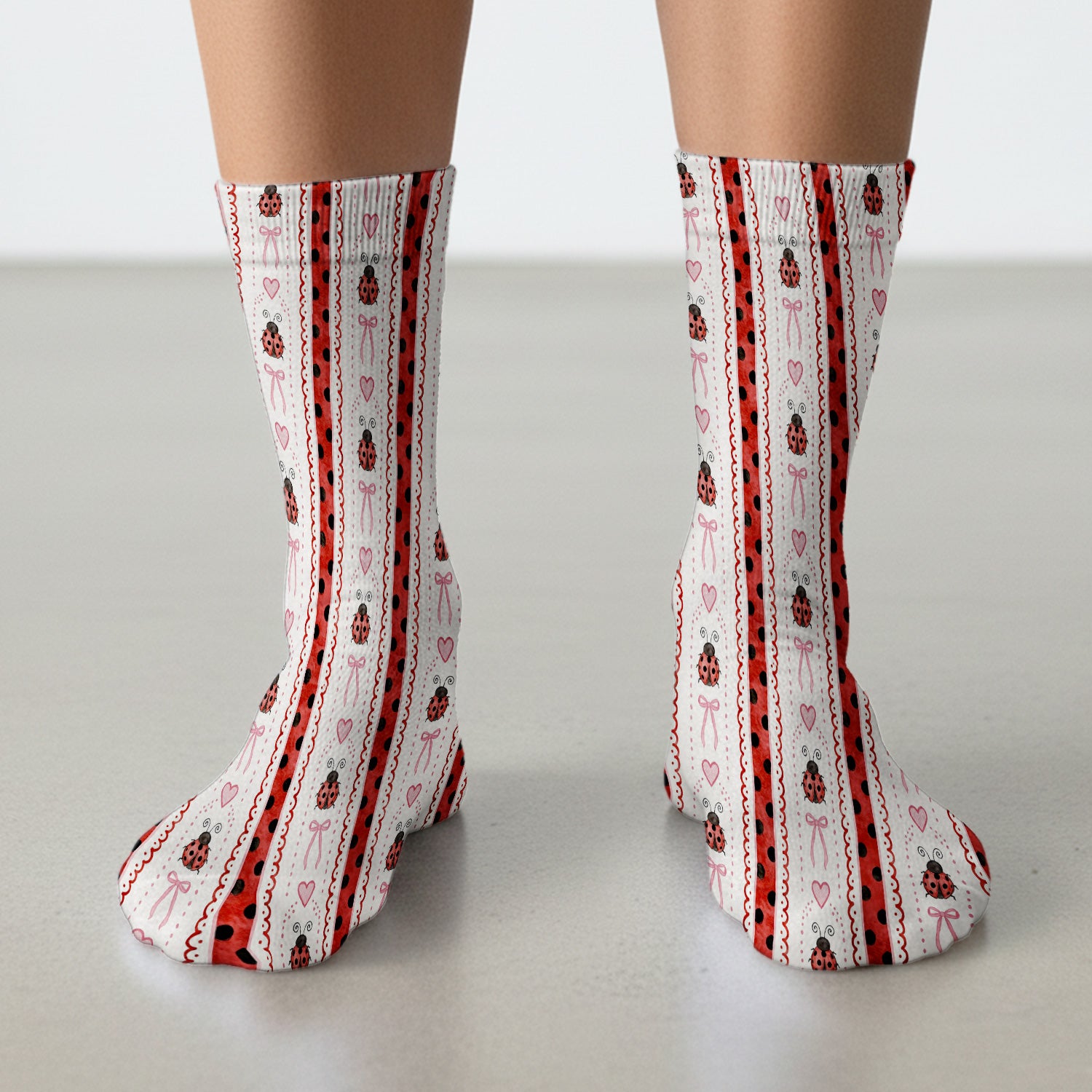Cute Ladybug Heart Bow Stripe Pattern Socks, Adult Socks for Men and Women