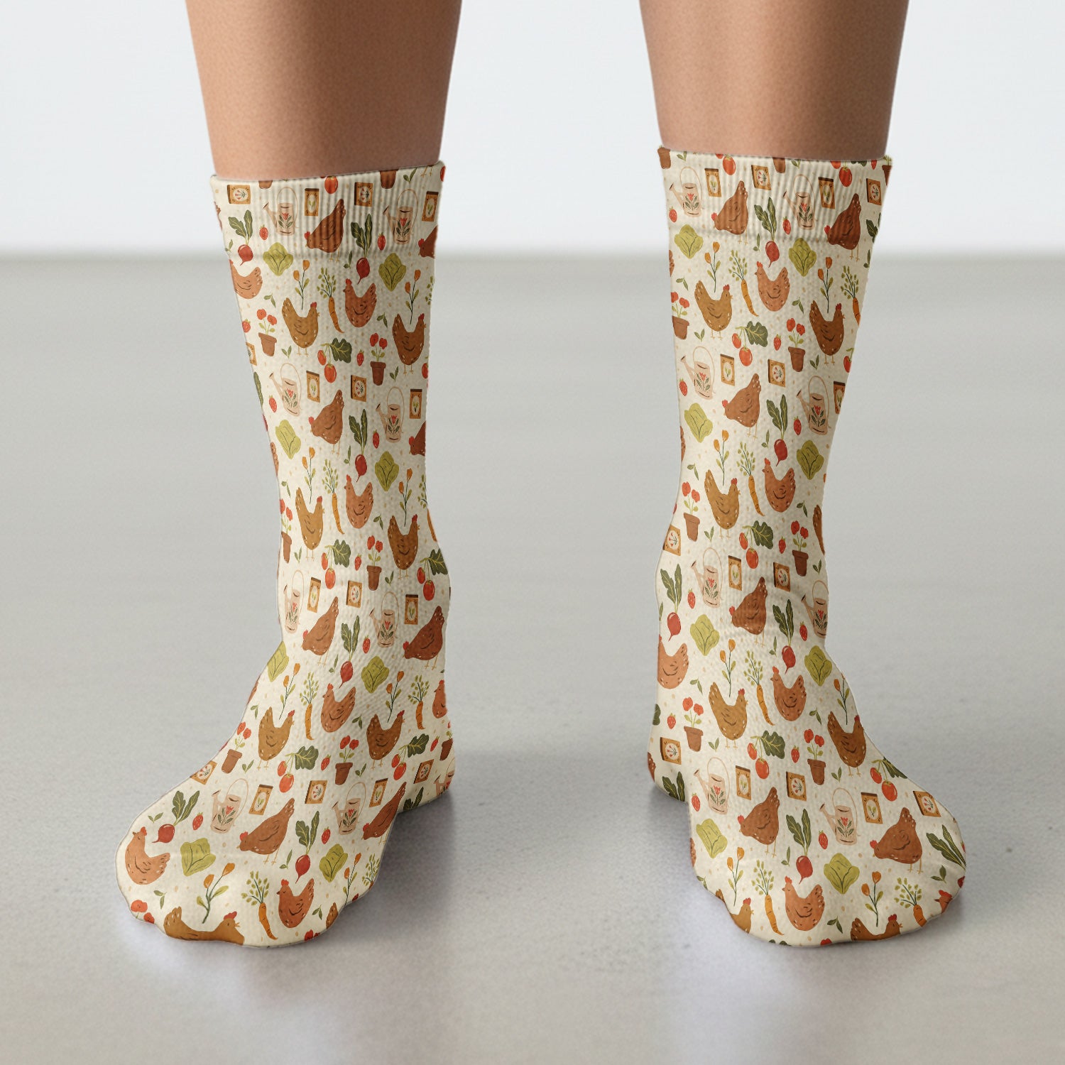 Rustic Farm Chicken Garden Vegetable Pattern Socks, Adult Socks for Men and Women