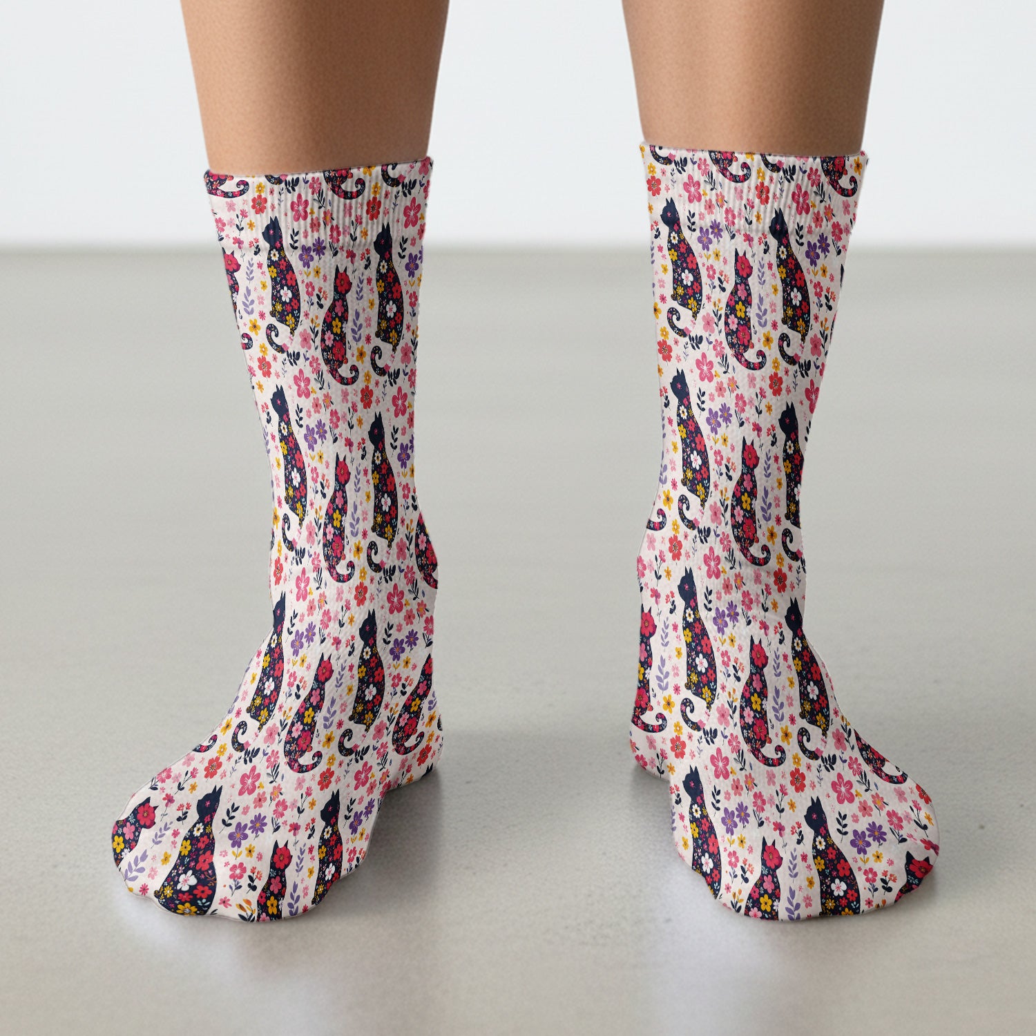 Floral Cat Silhouette Spring Garden Pattern Socks, Socks for Nurse Doctor