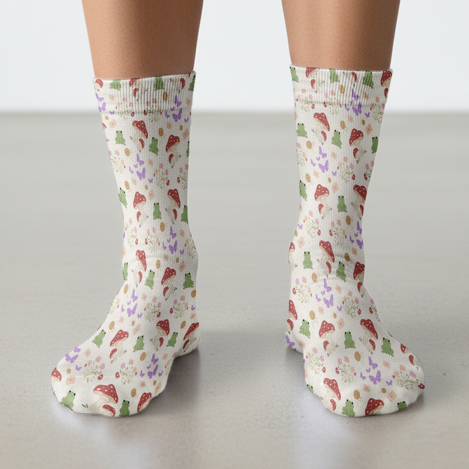 Adorable Nurse Frog and Mushroom Garden Print Nurse Socks, Adult Socks for Men and Women