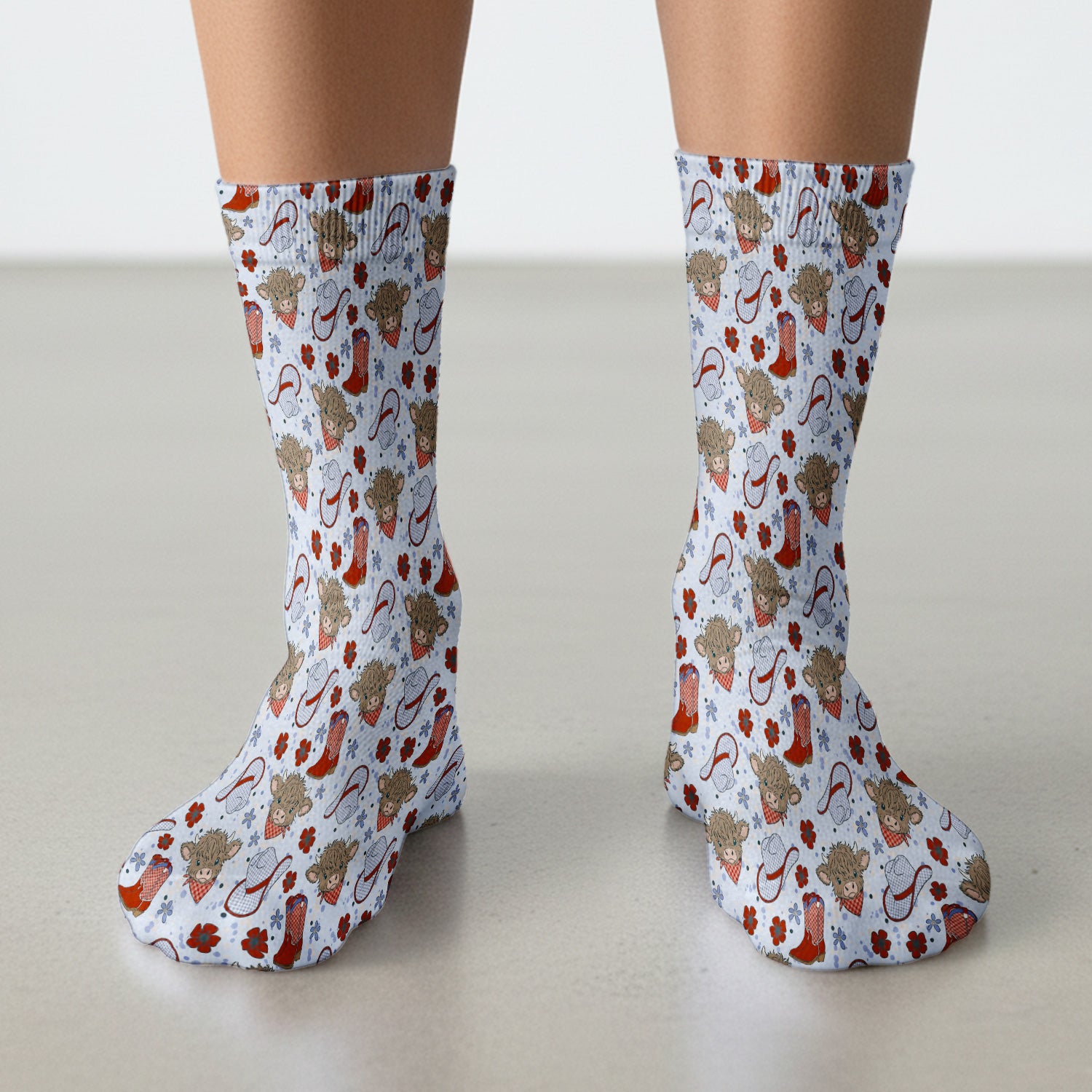 Cute Highland Cow Cowboy Boots Pattern Socks, Adult Socks for Men and Women