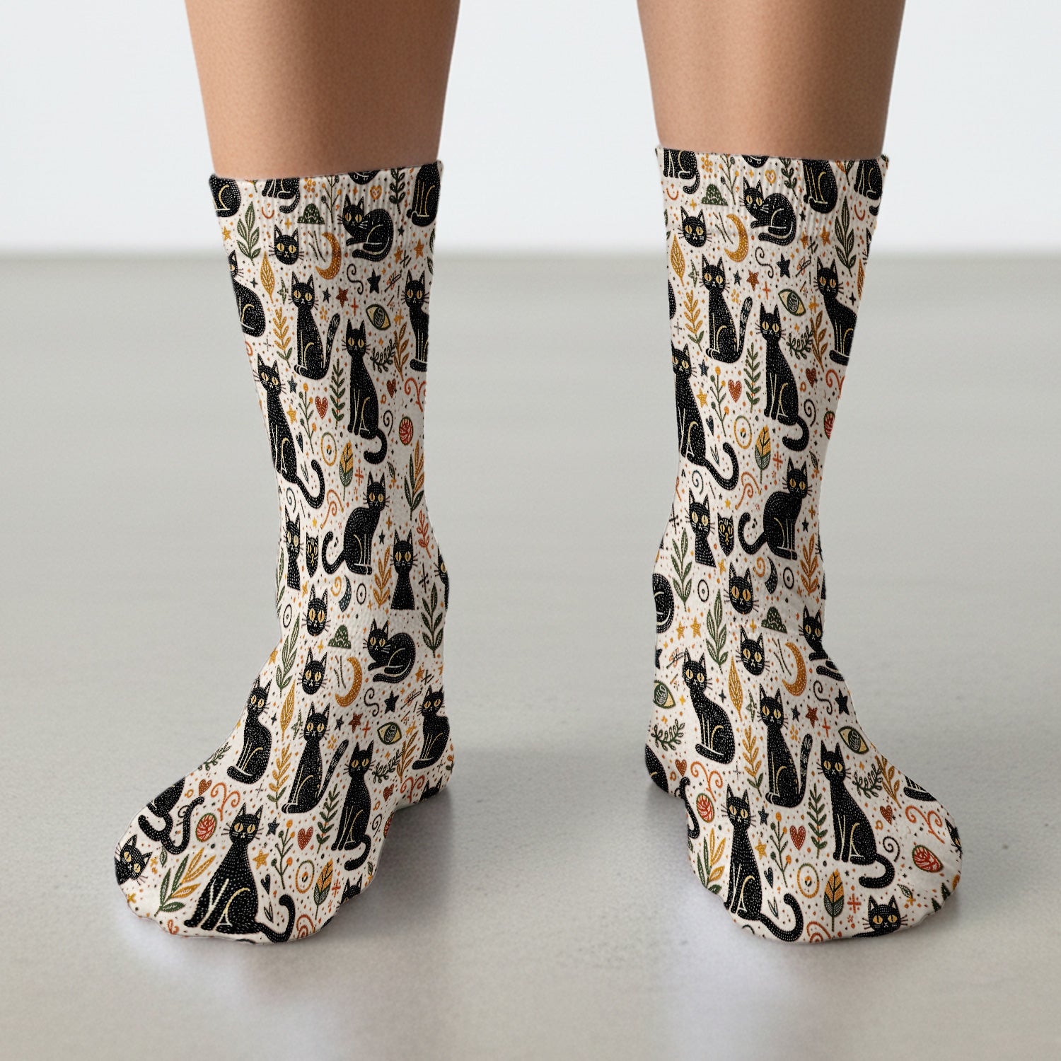 Mystic Black Cat Celestial Doodle Pattern Socks, Breathable Fabrics Medical Uniform