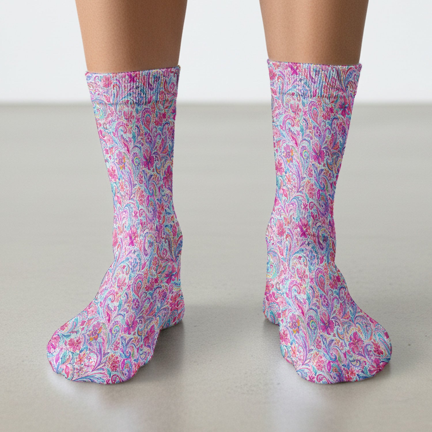 Elegant Pink Paisley Blossom Pattern Socks, Adult Socks for Men and Women