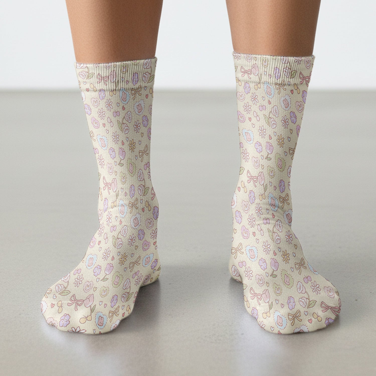 Pastel Bunny Flower Heart Pattern Nurse Socks, Adult Socks for Men and Women