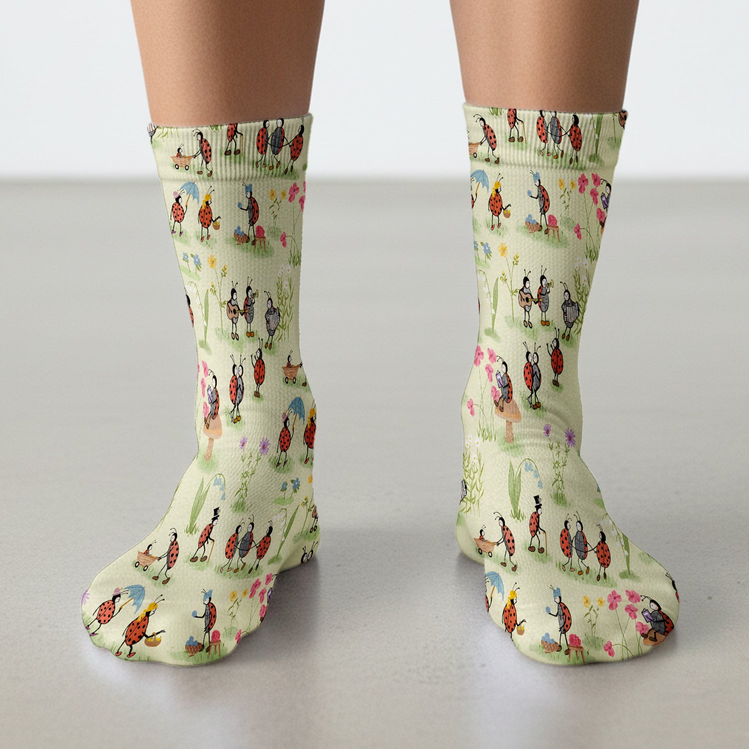 Whimsical Ladybug Garden Activity Pattern Socks, Socks for Nurse Doctor
