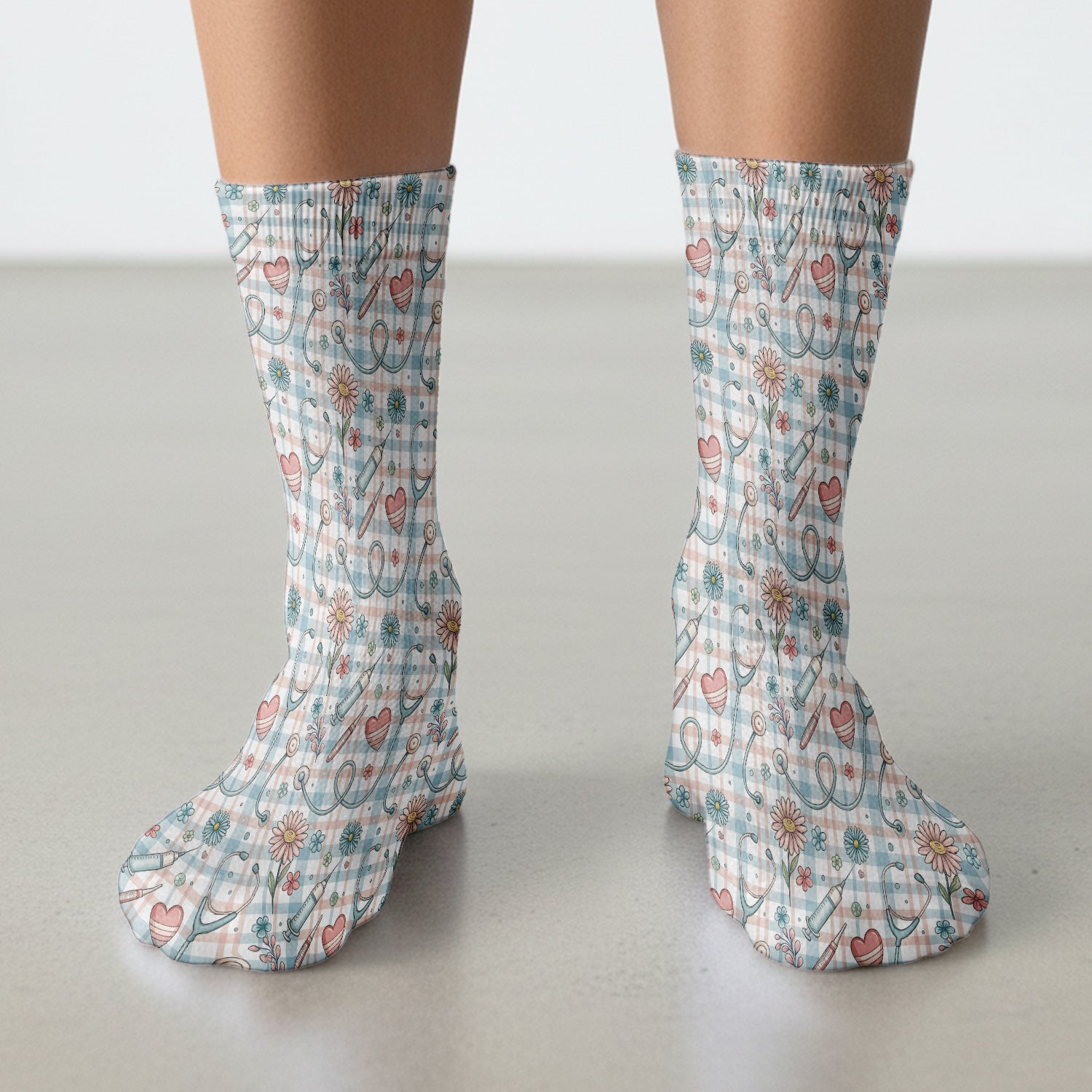 Stethoscope Heart Syringe Floral Plaid Pattern Socks, Adult Socks for Men and Women