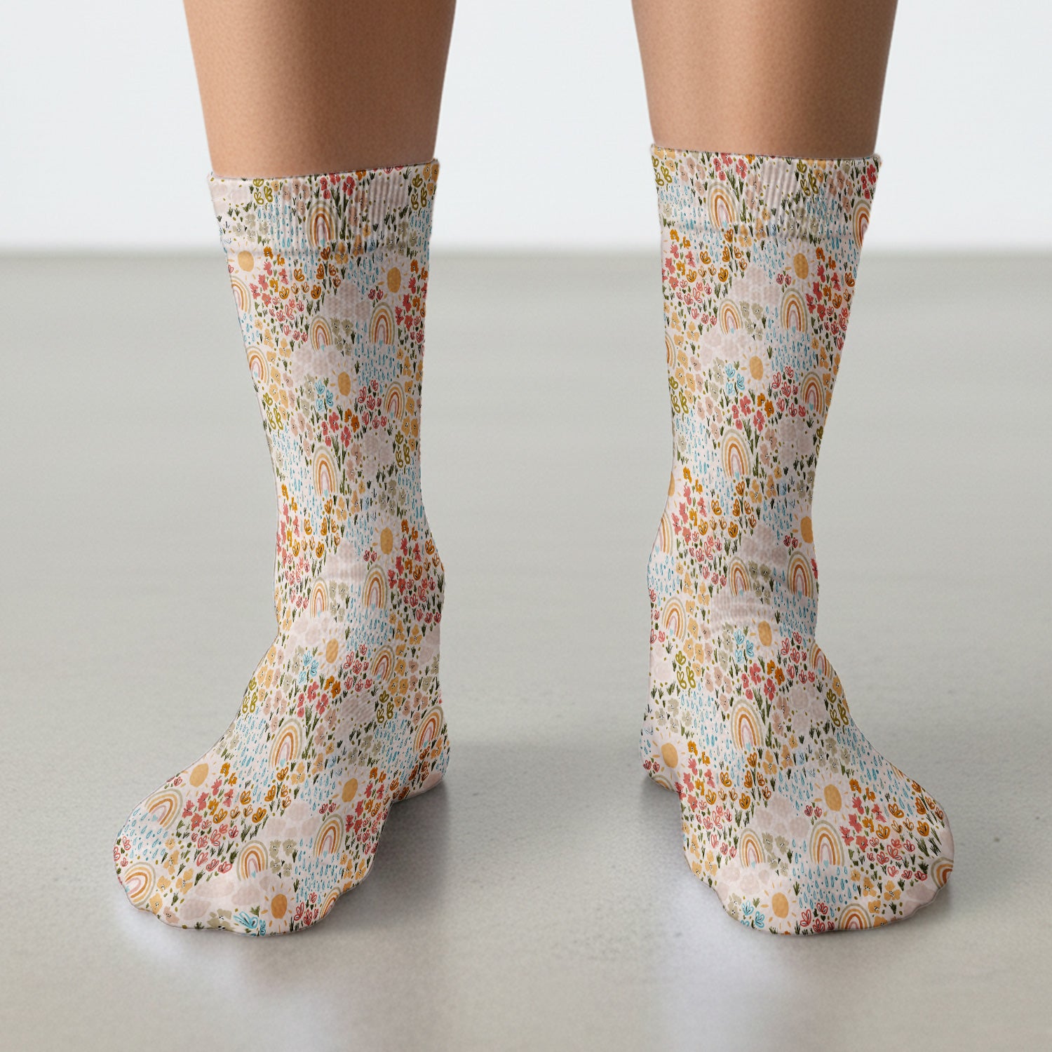 Cute Wildflower Meadow With Rainbow Sun And Raindrops Socks, Adult Socks for Men and Women